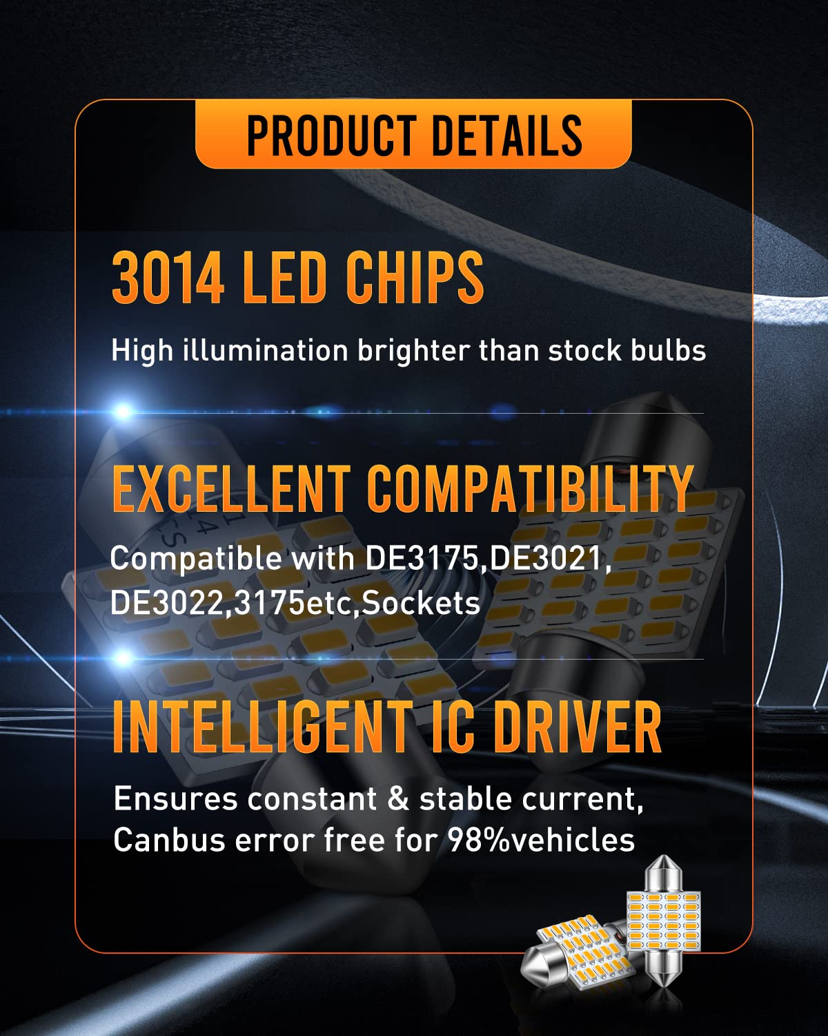 LUYED DE3175 LED Bulbs Warm White Canbus Error Free 1.25 inches DE3021 DE3022 3175 LED Bulbs for Interior Map Dome Lights and Li