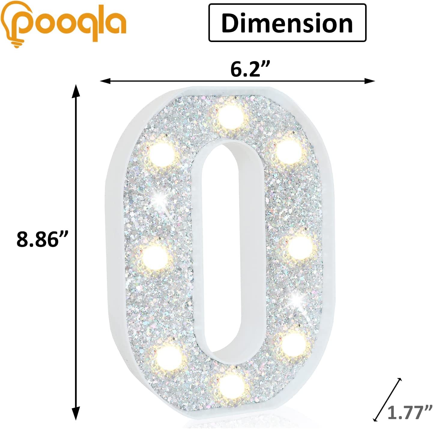 Pooqla Colorful LED Marquee Letter Light O, 6.2in, Battery Operated, 16 Colors, Glitter Silver, S-RGB Model for Party Decoration