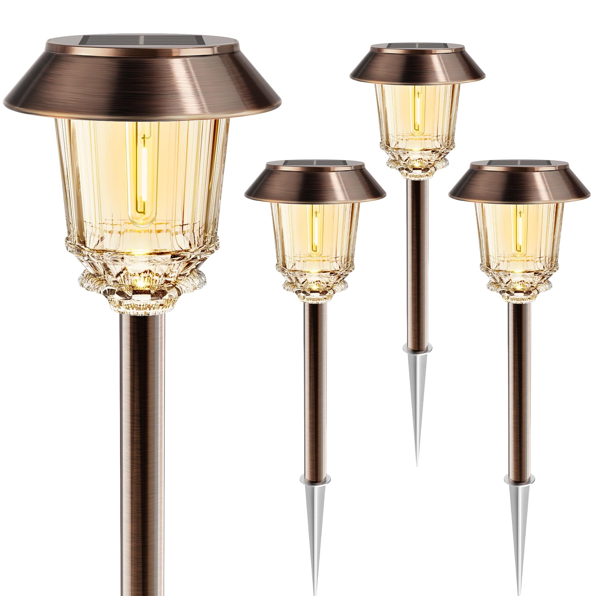 HMDecor Solar Lights Outdoor Waterproof 4 Pack Bronze Pathway Lights with 10-40 LM Dimmable Glass and Metal  Solar Powered Garden Fall Decor for Yard Patio Pathway Driveway(Warm White)