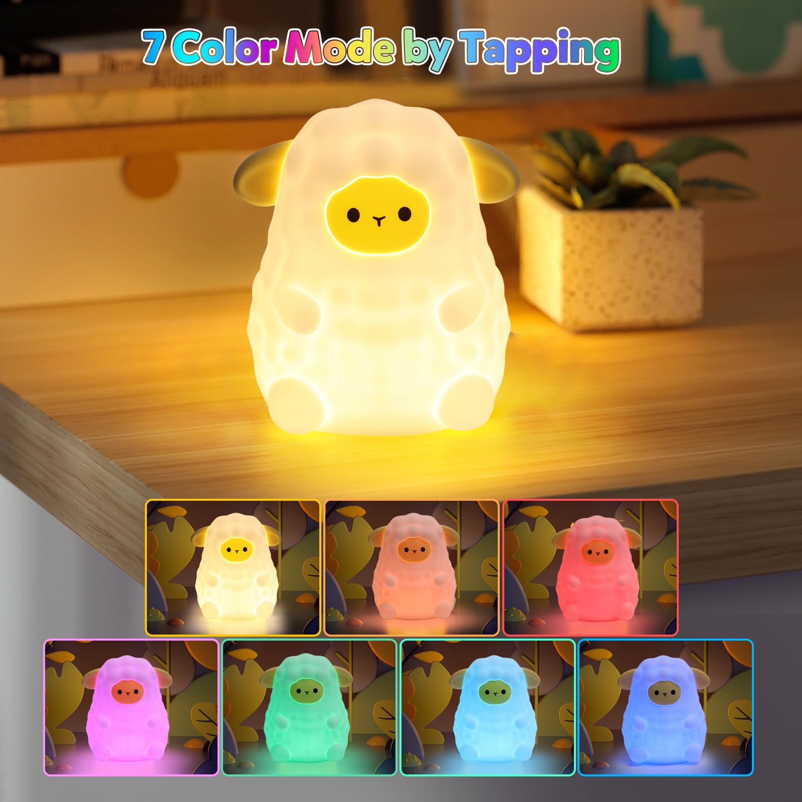 ollycasa Cute White Sheep Night Light for Kids, 7-Color Changing & 3 Adjustable Brightness Levels,Rechargeable Silicone Bedside
