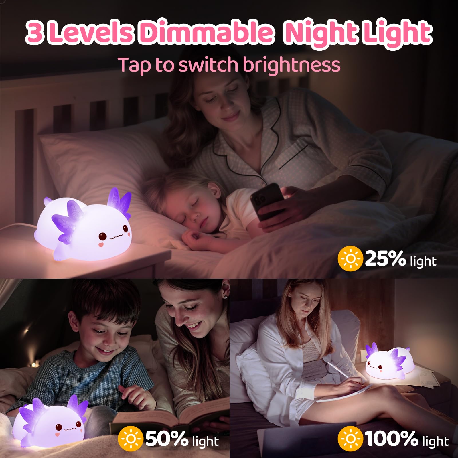 Mewaii Huggwaii Squishy Axolotl Night Light for Kids, Dimmable Silicone Kids Night Light with 4 White Noise, 2025 Upgraded Recha