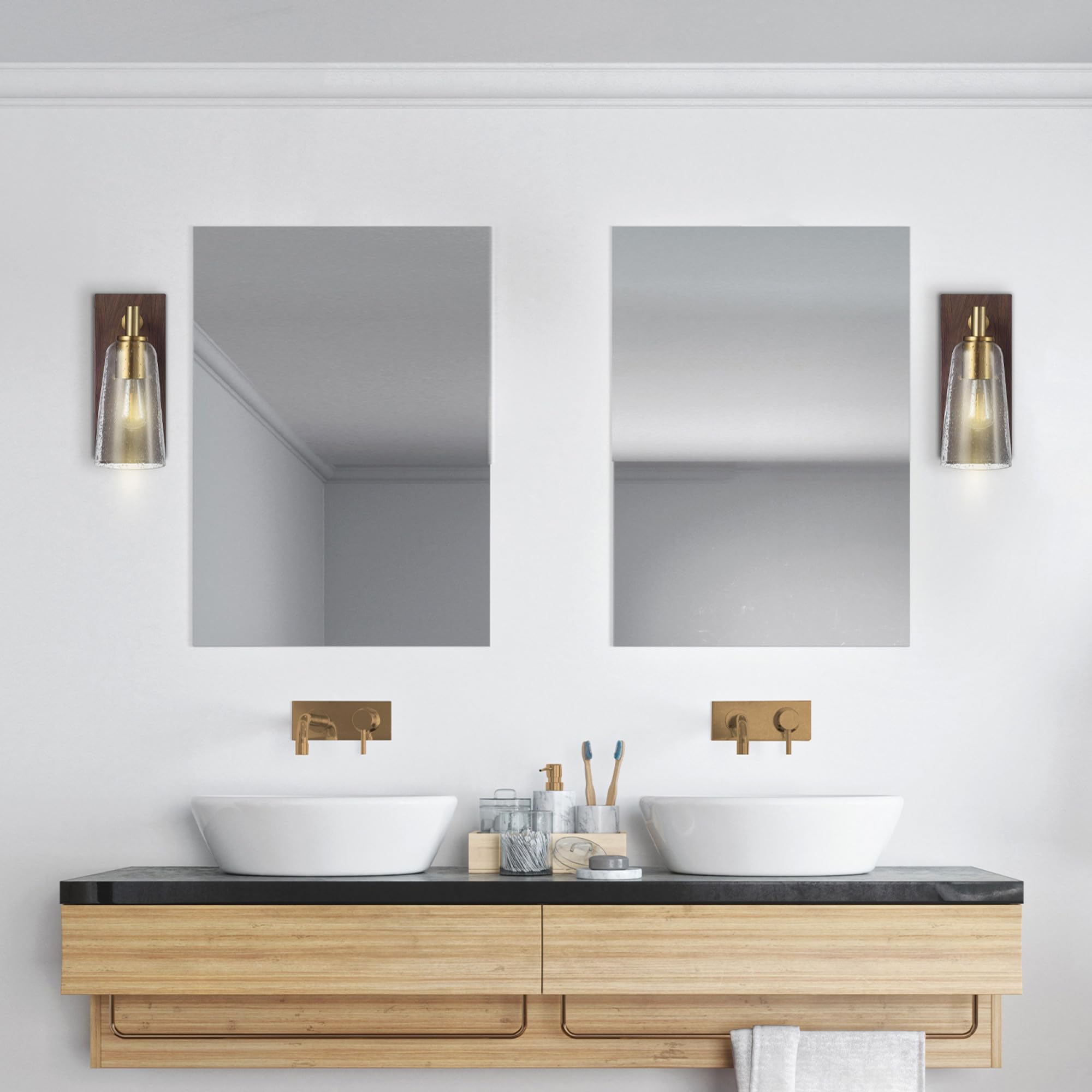 Globe Electric 65000051 1-Light Wall Sconce, Dark Wood Toned, Matte Brass Accents, Seeded Glass Shade, E26 Base Socket, Lights F