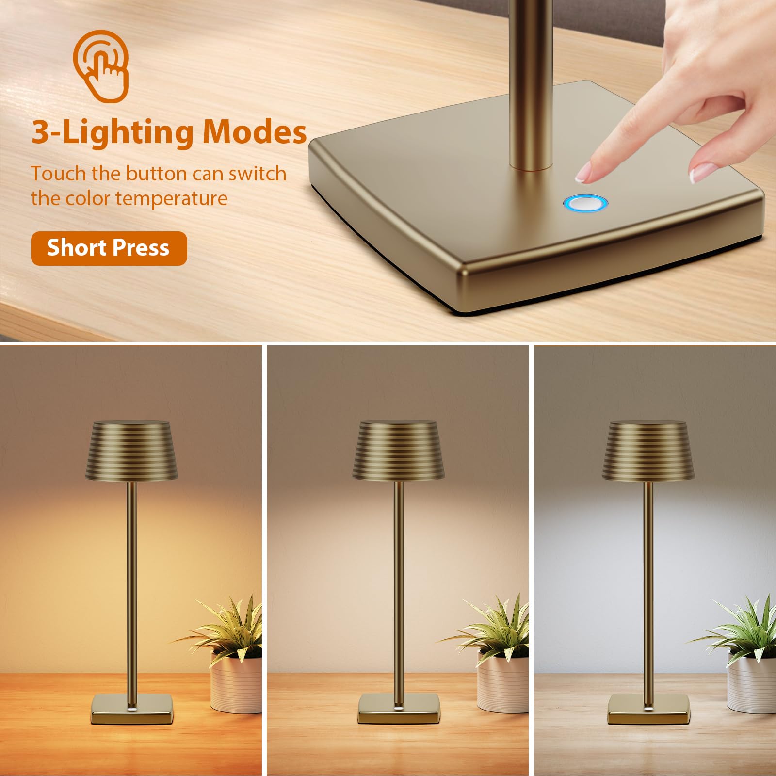 YIBEN Cordless Table Lamps 6000mAh LED Portable Lights IP54 Waterproof 3 Colors Dimming Small 2pack Titanium Model S816