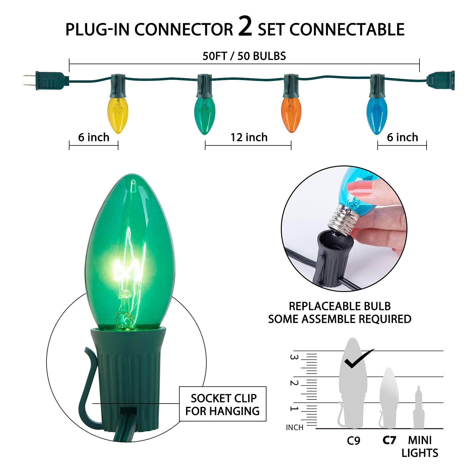 Minetom C9 Bulb String Lights 50FT Multicolored Green Wire E17 Base for Outdoor Patio Christmas Tree Party Decoration