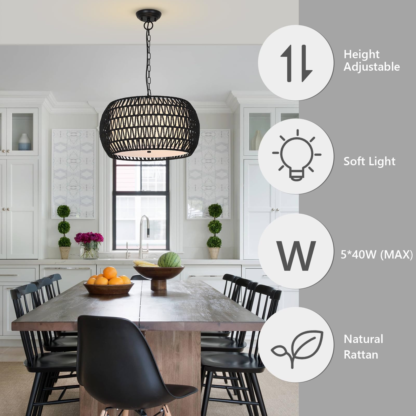 Farmhouse Chandeliers For Dining Room,5-Lights Rattan Boho Chandelier Light Fixture,Black Woven Dining Room Light Fixture With F