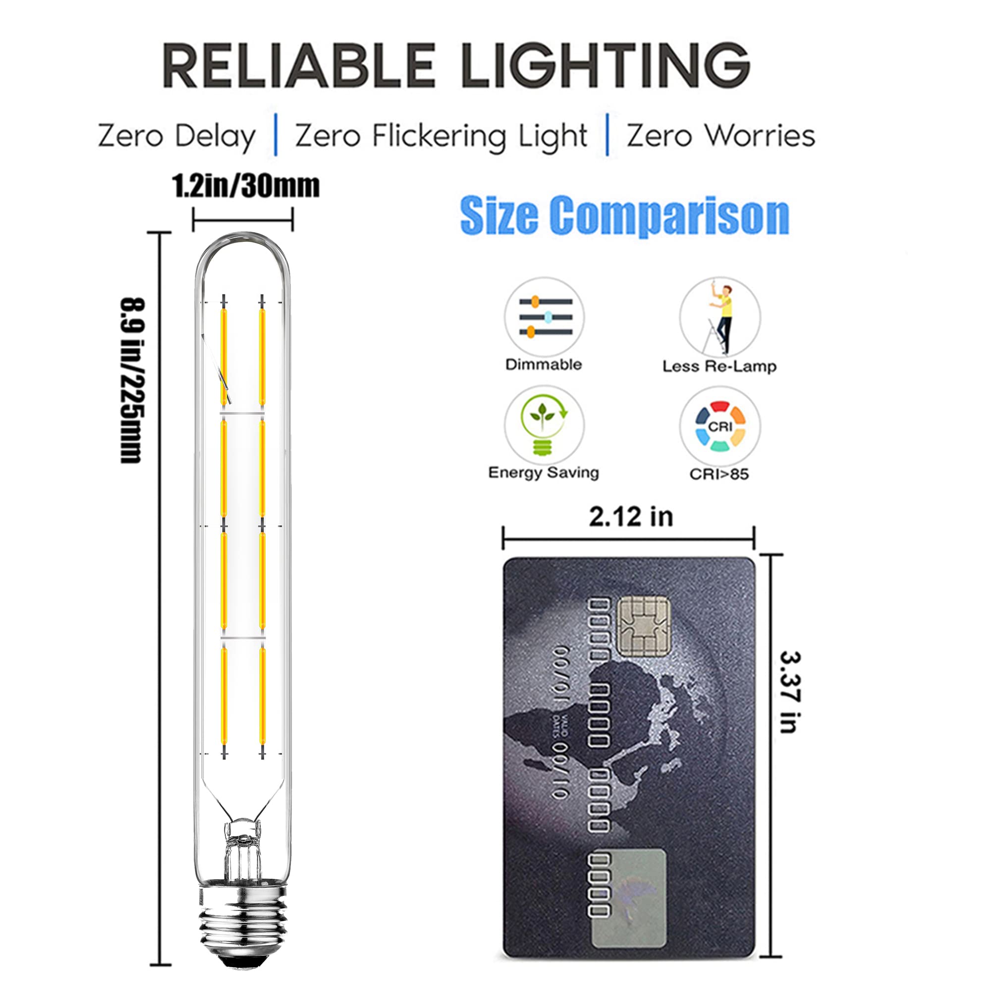 Dimmable T10 Led Edison Bulbs, Neutral White 4000K, 8.9Inch Long Tubular Light Bulb, 75 Watt Vintage Long Tube Led Filament Bulb