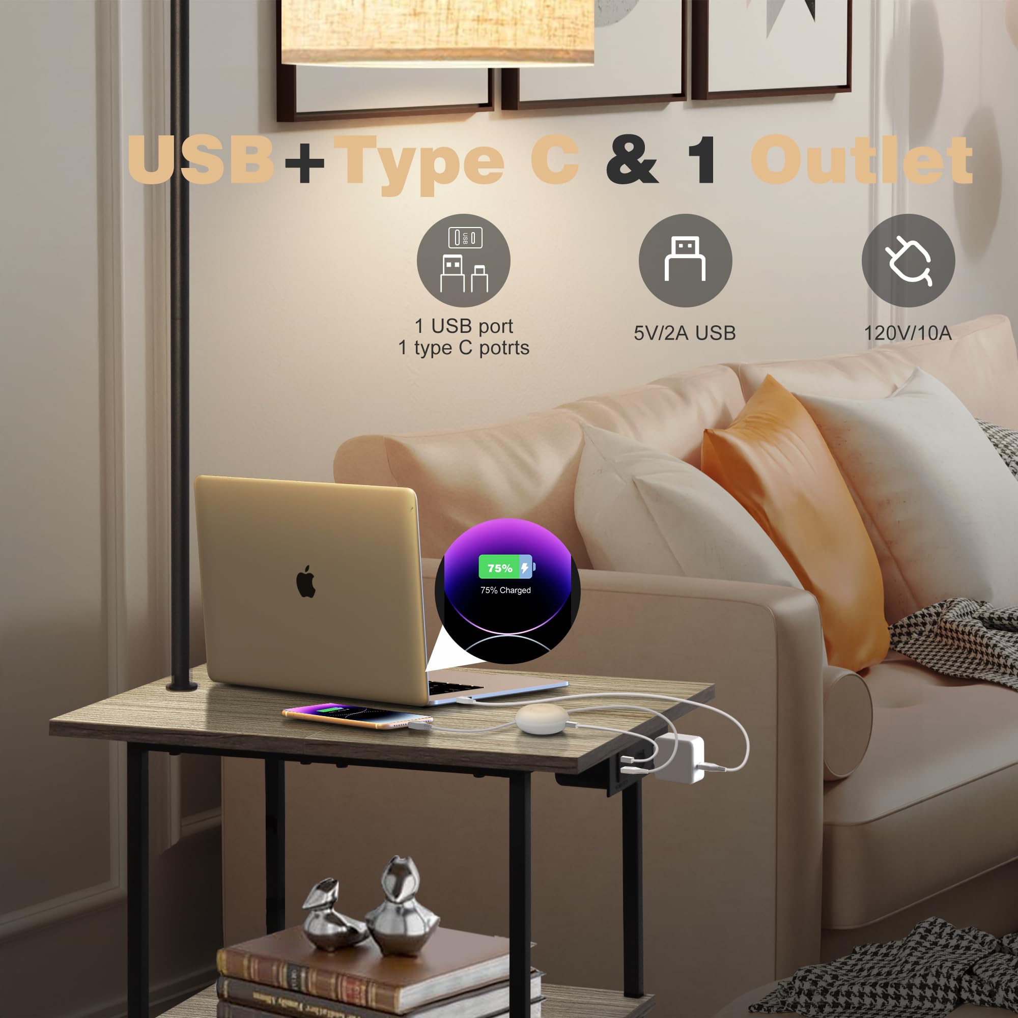 Pesrae Floor Lamp With Table, End Table With Charging Station(Usb & Type-C & Ac Port), 3 Color Temperatures 9W Led Bulb, Modern Shelves Side Table For Office, Living Room