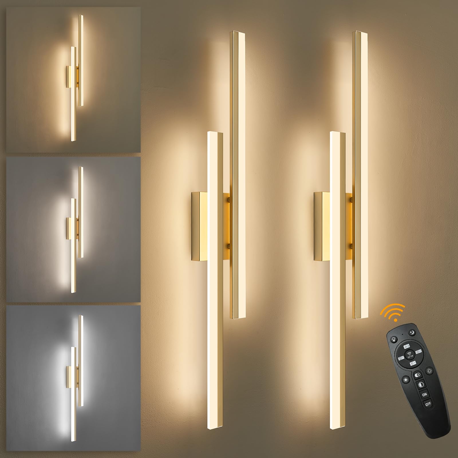 Sparklelf LED Wall Sconce Set of 2 Gold Remote Modern LED Vanity Lights Set of 2 Indoor Wall Light Fixtures for Living Room  Dimmable Wall Sconce for Bedside Bedroom Bathroom  31.5inch 2 Pack