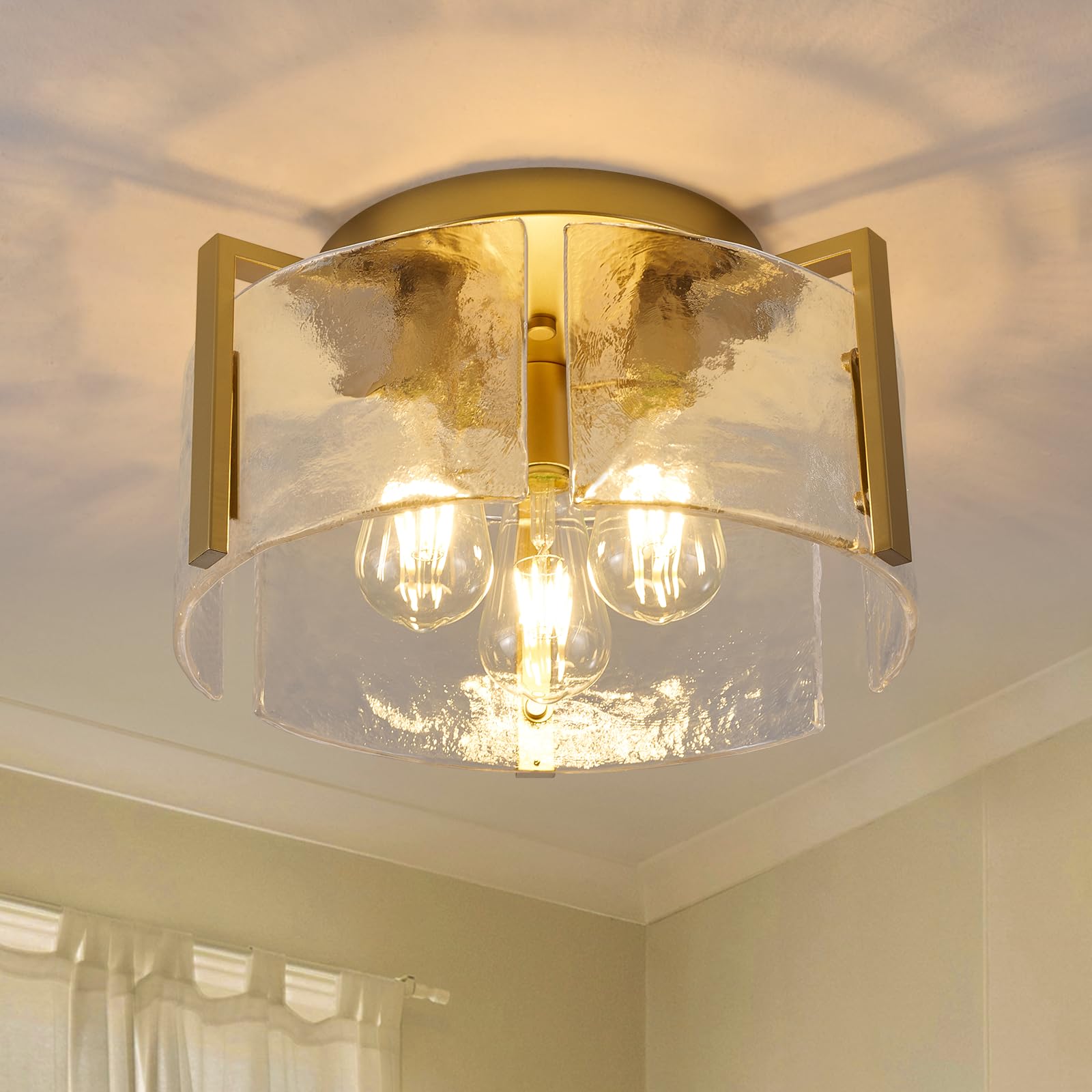 MIAYBPH Gold Semi Flush Mount Ceiling Light Fixture  14-Inch Farmhouse Modern Flush Mount Light Glass Drum Lights Foyer Lighting Fixtures for Kitchen Entryway Hallway Laundry Room Bedroom Bathroom