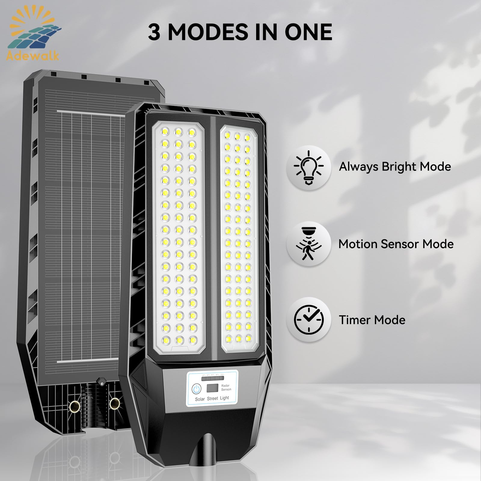 Adewalk 5000W Solar Street Lights - 7000K LED, Motion Sensor, Remote Control, IP66 Waterproof, Black, 1 Pack