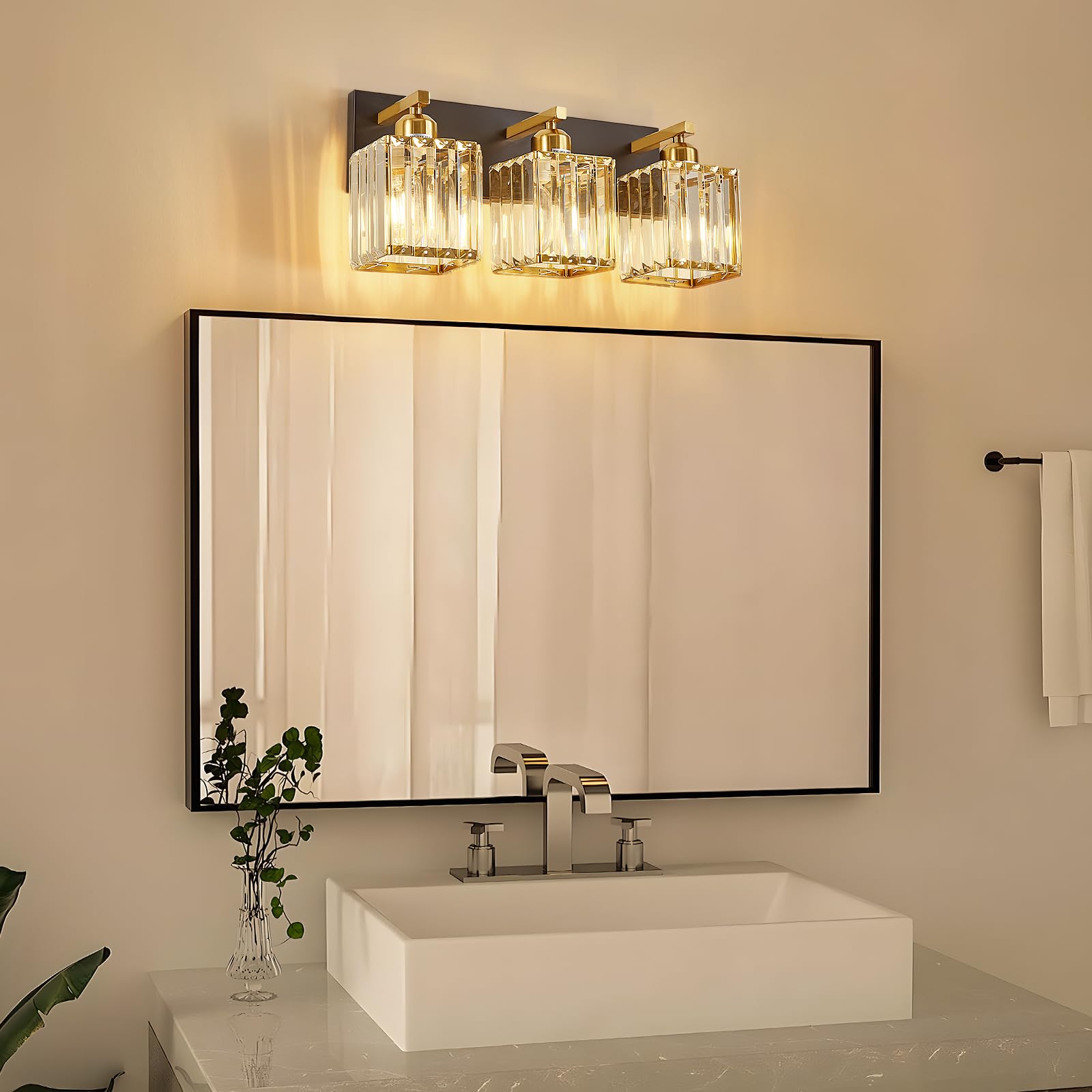 Aixialin 3-Light Bathroom Vanity Lights, Black Gold Crystal Wall Lighting, Metal Fixtures, Model 600-100-1012