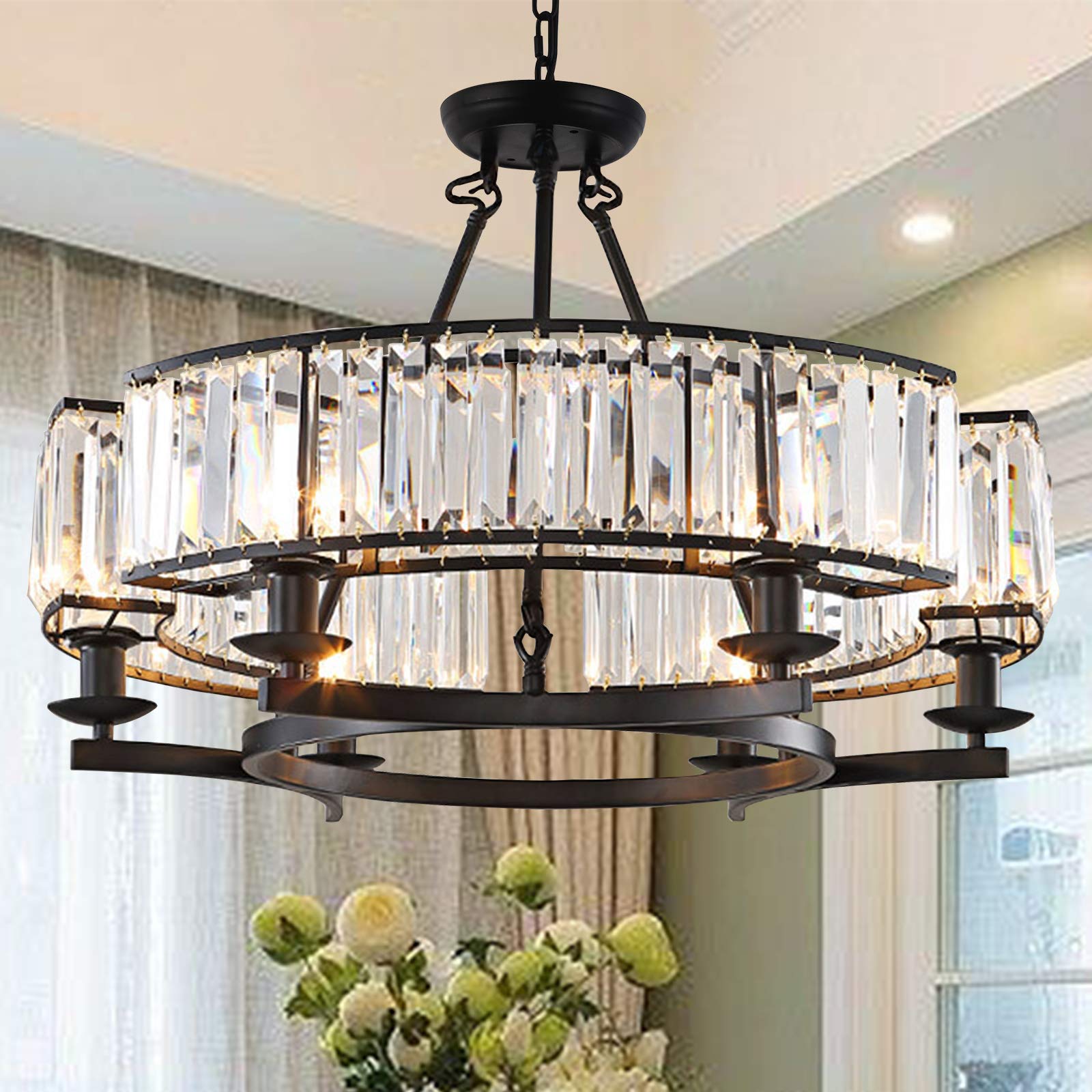 yomay Vintage Crystal Chandelier - Black Iron Frame Pendant Light Fixture, 25.6" for Dining Room and Living Room Decor