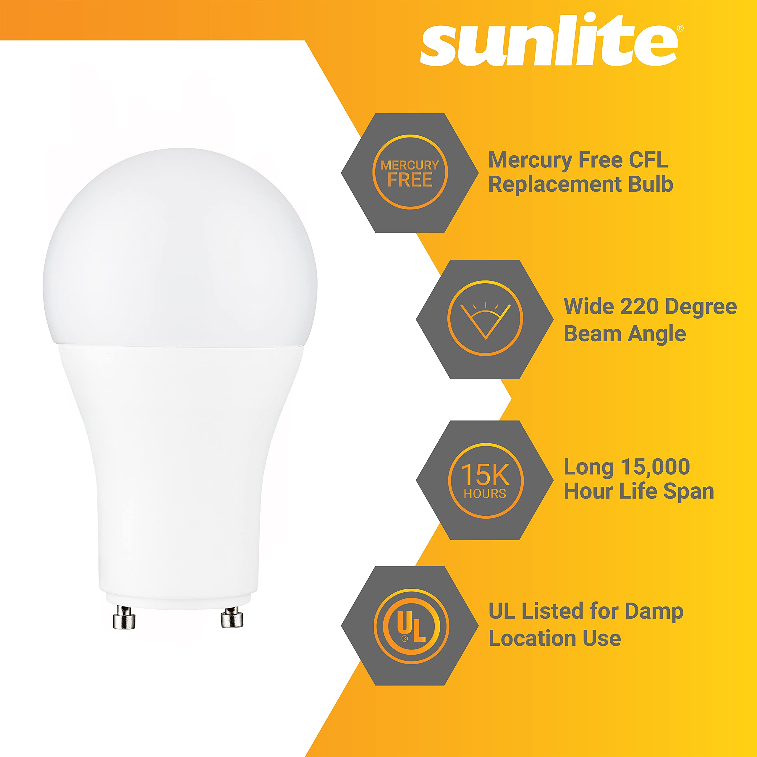 Sunlite A19 Dimmable LED Light Bulb, 14W (100W Equivalent), 1500 Lumens, 4 Pack, 2700K Soft White, GU24 Base,