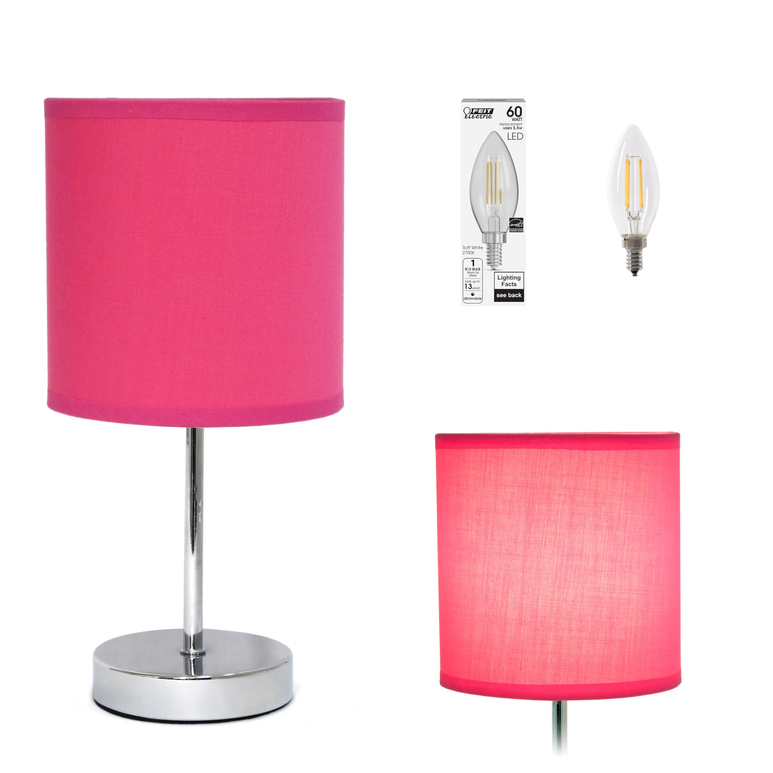 Simple Designs Lt2007-Hpk-Lb Basic Chrome Mini Table Lamp For Living Room, Nightstand, Desk, Countertop, Hot Pink, With Feit Led