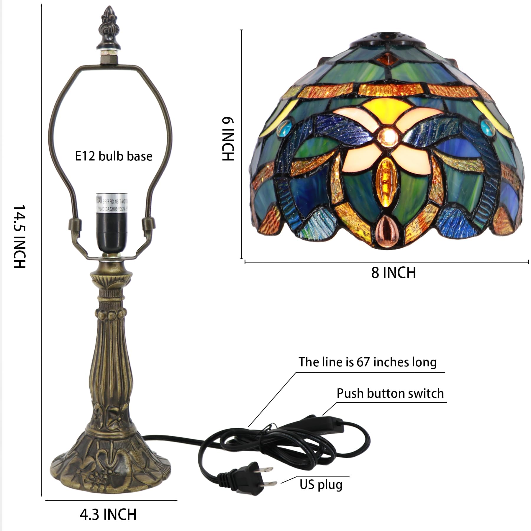 Lxhcyou Small Tiffany Lamp Mini Accent Table Lamp Stained Glass Desk Memory Lamp Sympathy 8X14.5 Inch (Blue Baroque Style)
