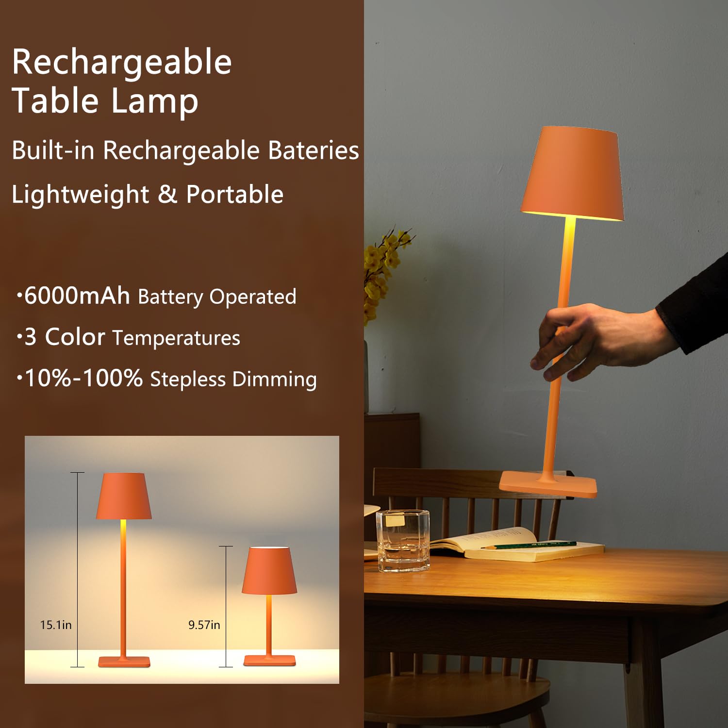 Yogaret Orange Cordless Table Lamp Set of 2 - 3 Way Stepless Dimmable Metal for Dining Bedroom Home Bar