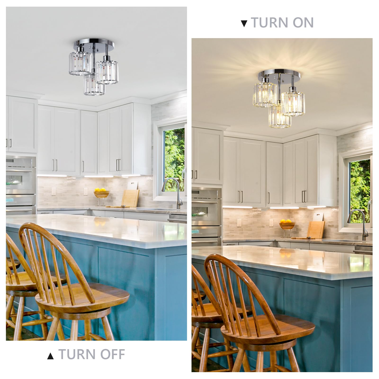 Pauful Semi Flush Mount Ceiling Light,3-Light Modern Close To Ceiling Light Fixtures,Kitchen Light With Clear Crystal Shades, Ha