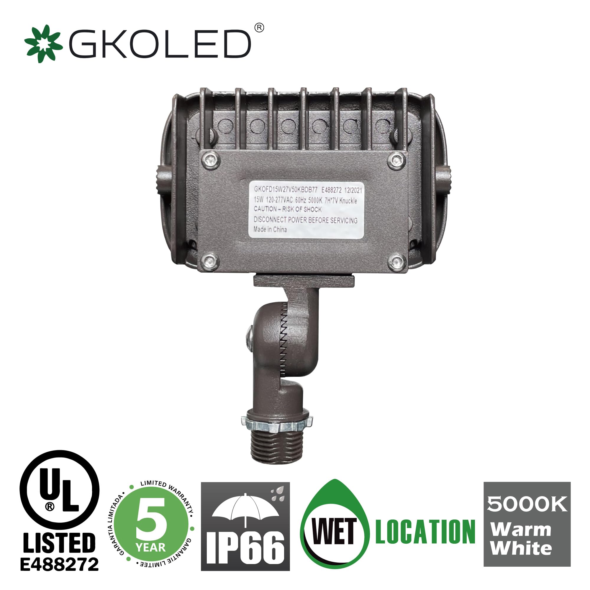 Gkoled 15W Led Floodlight, Outdoor Security Fixture, Waterproof, 1500 Lumens, 50W Mh Equivalent, 5000K Daylight White, 120-277V, Ul-Listed, 5 Years Warranty