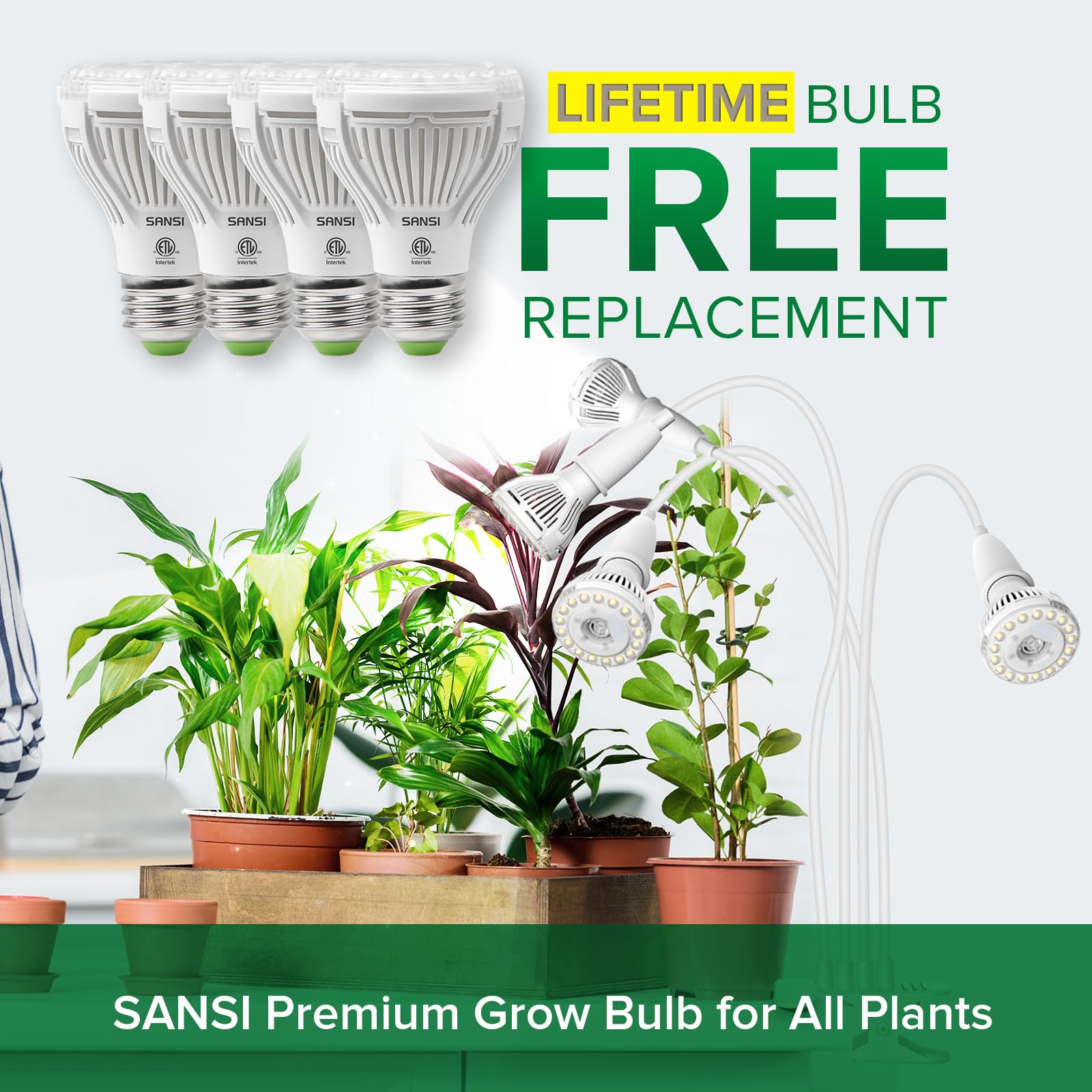 SANSI LED Grow Light, 600W Full Spectrum, Clip-on Gooseneck, Ceramic, 40W Power, White, Model C21GL-GE26-40W