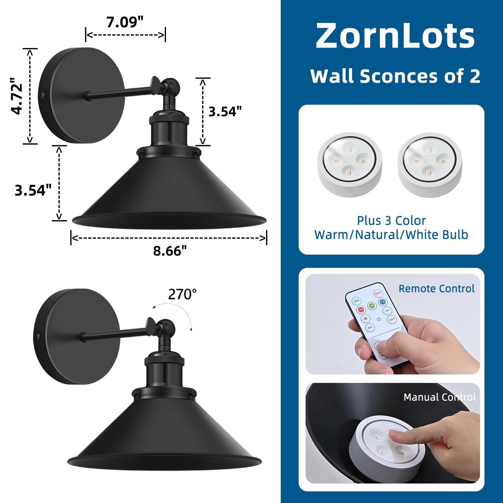 ZornLots Vintage Battery Operated Wall Sconce Set of 2, Dimmable LED, Black, Indoor Lighting for Bedroom and Living Room, Model FG0403