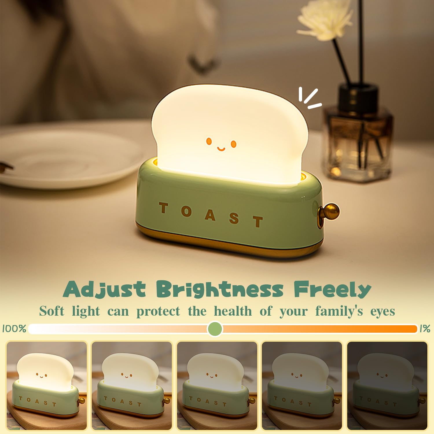 MeXYZ Cute Desk Decor Toaster Lamp, Rechargeable Kawaii Accessories Small Lamp LED Night Light for Kids Teen Girls, Room Decor T