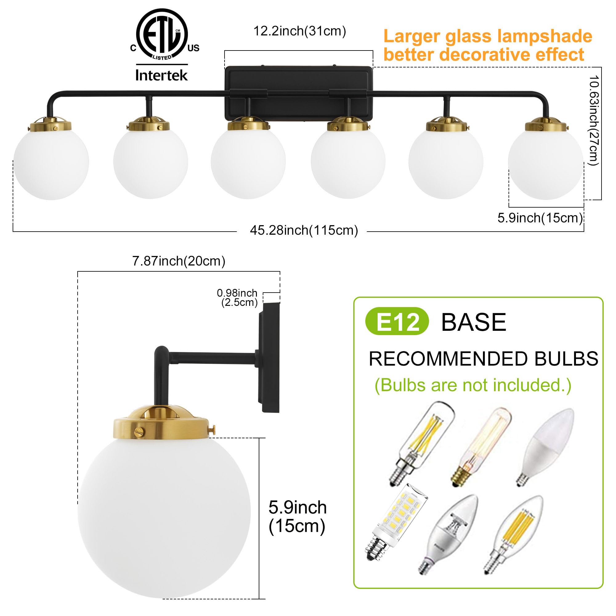 Deyidn Black Gold Bathroom Light Fixtures Over Mirror  Modern Vanity Lighting With Milk White Glass Globe Shades 6-Light Farmhouse Wall Sconce