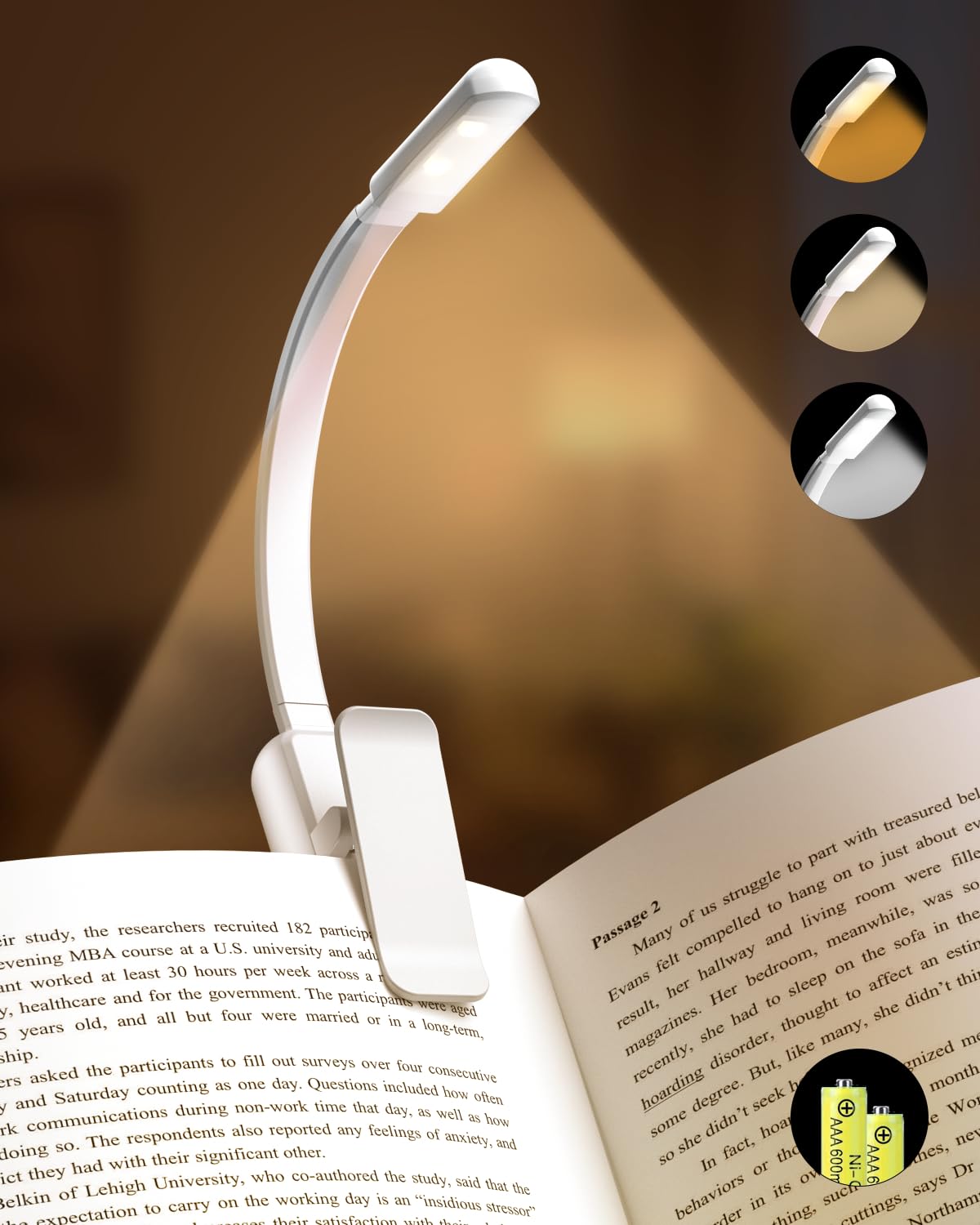 Lucarni Clip-On Book Light, AAA Battery, 3 Colors & Stepless Dimming, Portable, Ultra-Lightweight, 1-Pack, White, Model BK-AAA-Parents
