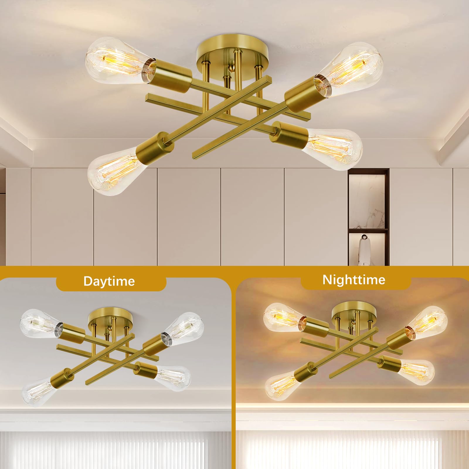 Ceiling Light  Dining Room Light Fixture With E26 Base  Semi Flush Mount Ceiling Light Fixture  Kitchen Lighting Fixtures Ceiling  4-Light Matte Gold Chandelier For Bedroom
