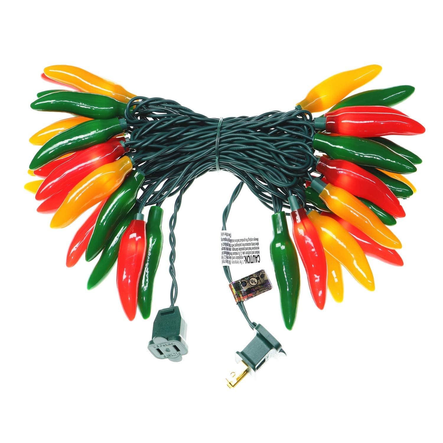 JinBest 35 LED Chili Pepper String Lights, 18 Ft Green Wire, Red Green Yellow, Indoor Outdoor Decorative Lighting, Model LL3506C