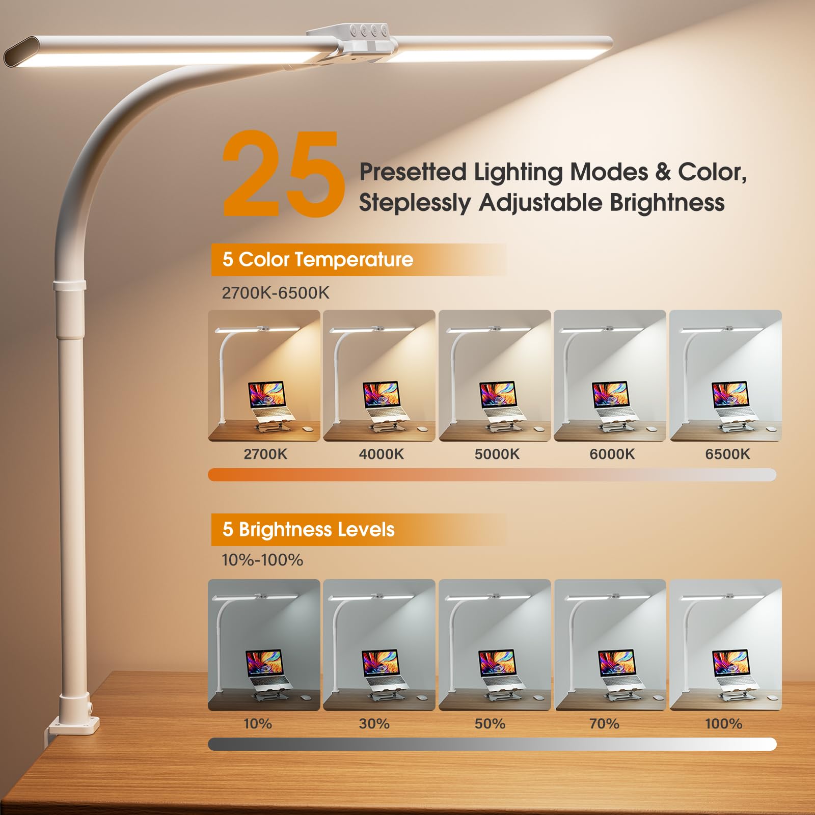 Sibrille Led Desk Lamp For Home Office - Eye-Caring Computer Desk Light With Clamp, Adjustable Work Lamp With Color Changing, Di