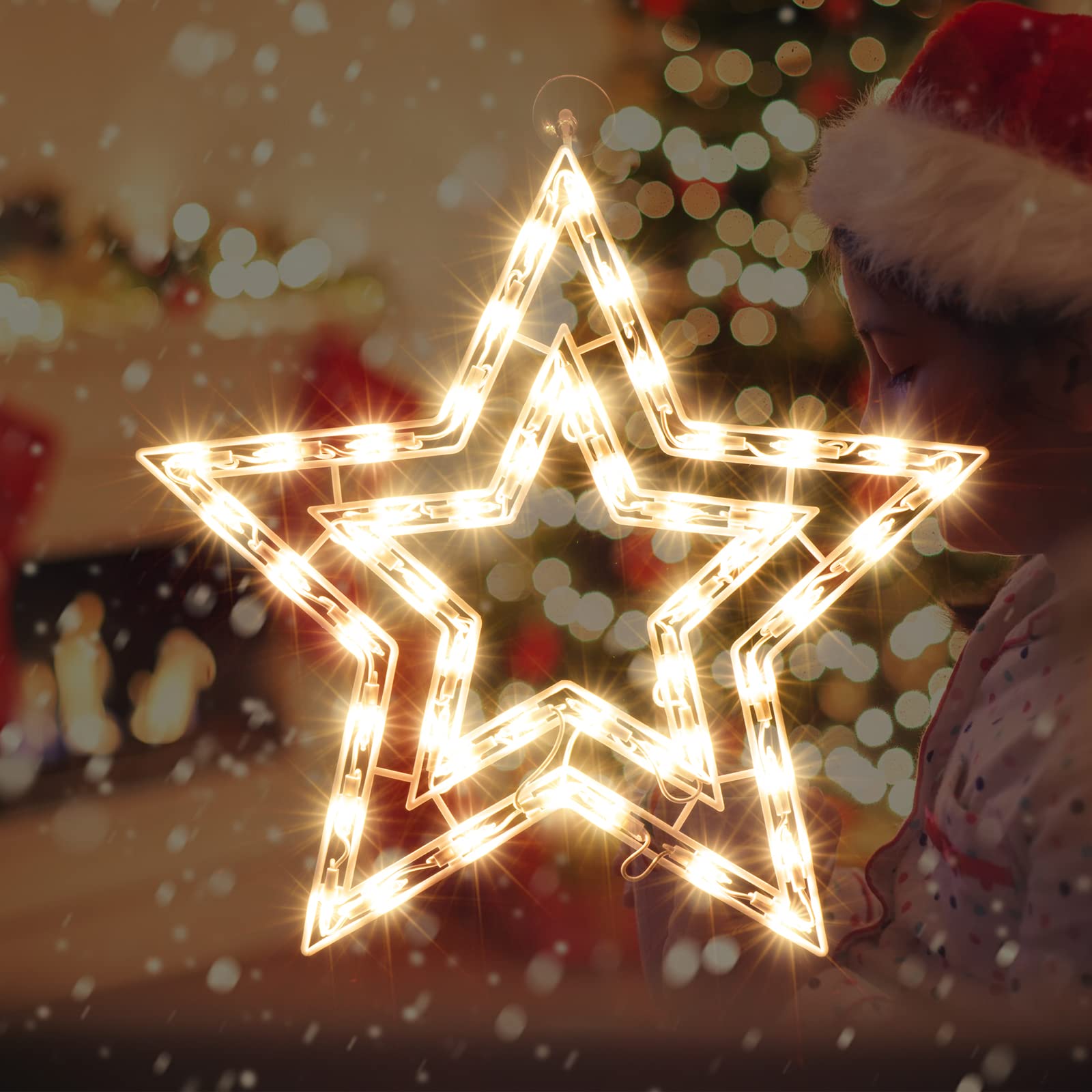 Justpro Christmas Window Silhouette Lights, Lighted Star Double Sided Decorations With 50 Count Incandescent Mini Light, For Holiday Indoor Wall Door Glass Decor