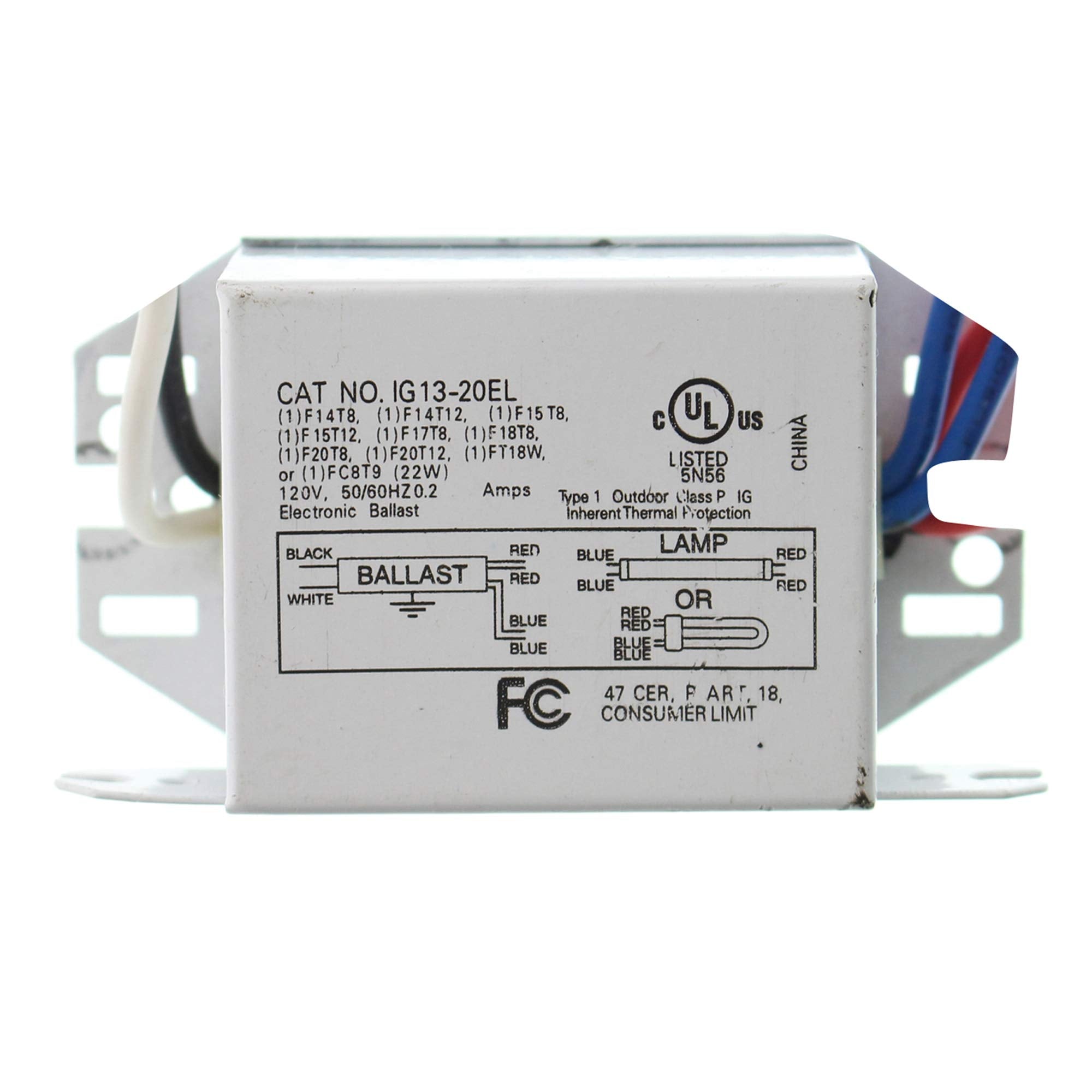 Interglobal Ig13-20El Magnetic Fluorescent Ballast, 1-Lamp, T8 F20T8, 20W, 120V