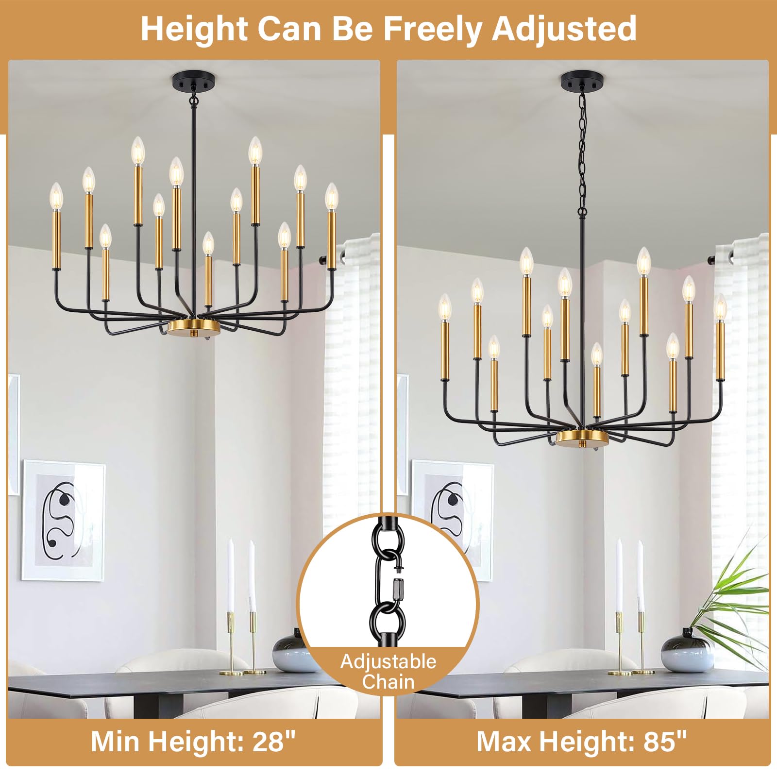 Zuyurt 12-Light Black And Gold Chandelier, Modern Farmhouse Chandelier For Dining Room Hanging Lighting Fixture, Metal Candle Chandelier With Chain For Living Room, Kitchen, Entryway, Foyer, Stairs