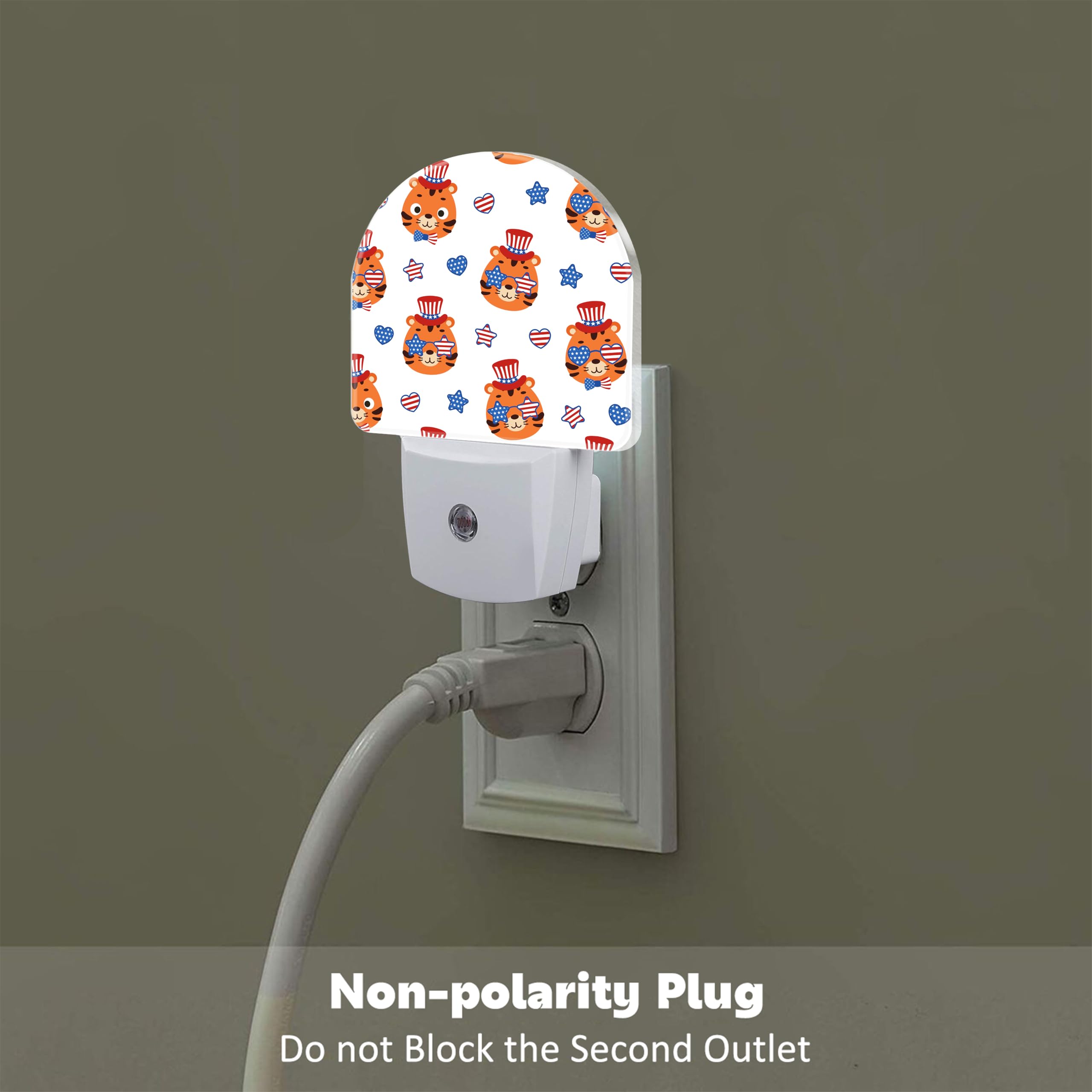 American Flag And Cute Tigers Night Light Plug Into Wall, Cartoon Animals Patriotic Dusk To Dawn Night Light,0.5W Energy Saving