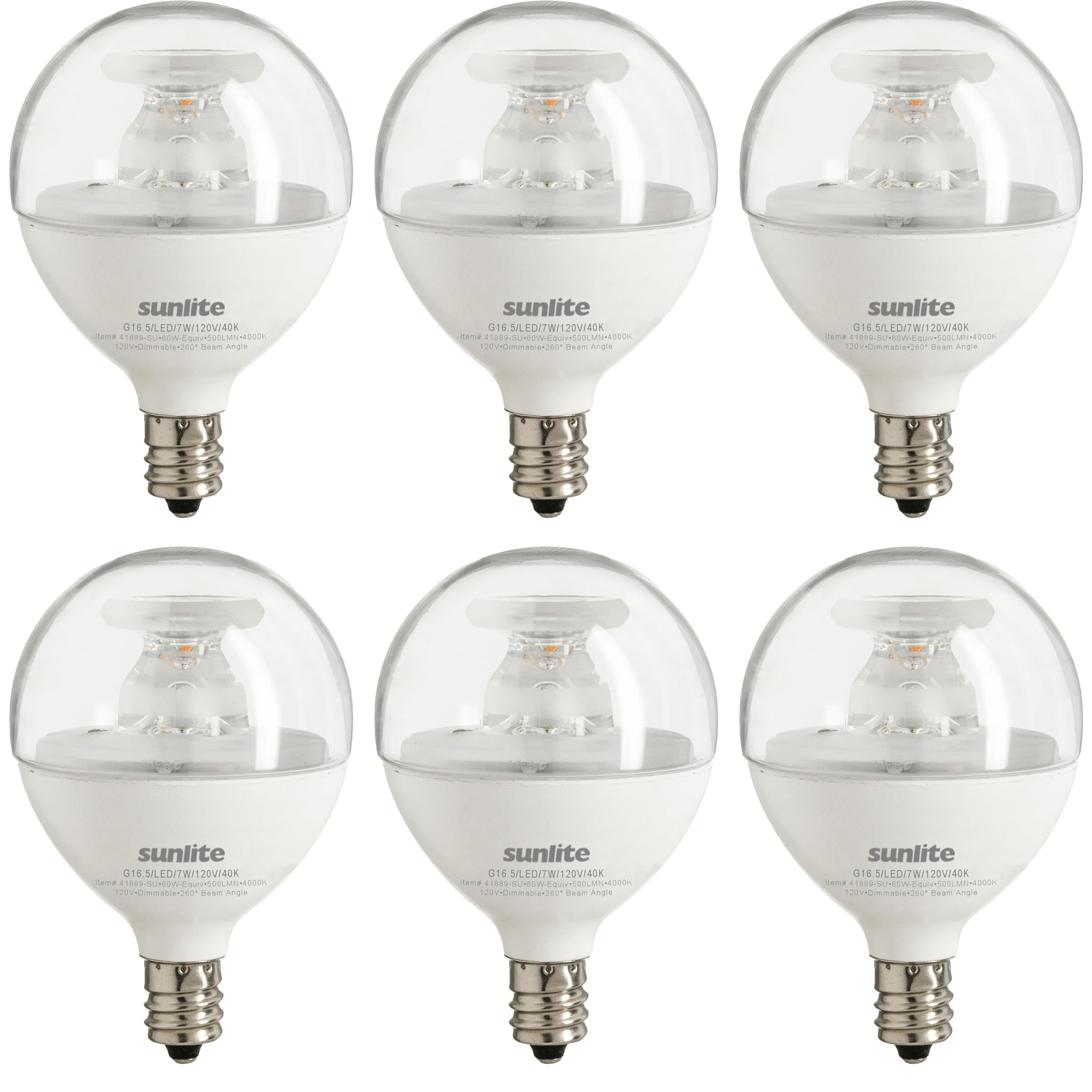 Sunlite G16.5 Light Bulb Led, 7 Watts (60W Equiv.), 500 Lumens, Dimmable, Type G Globe Shape E12 Candelabra Base, Short Bulbs, V