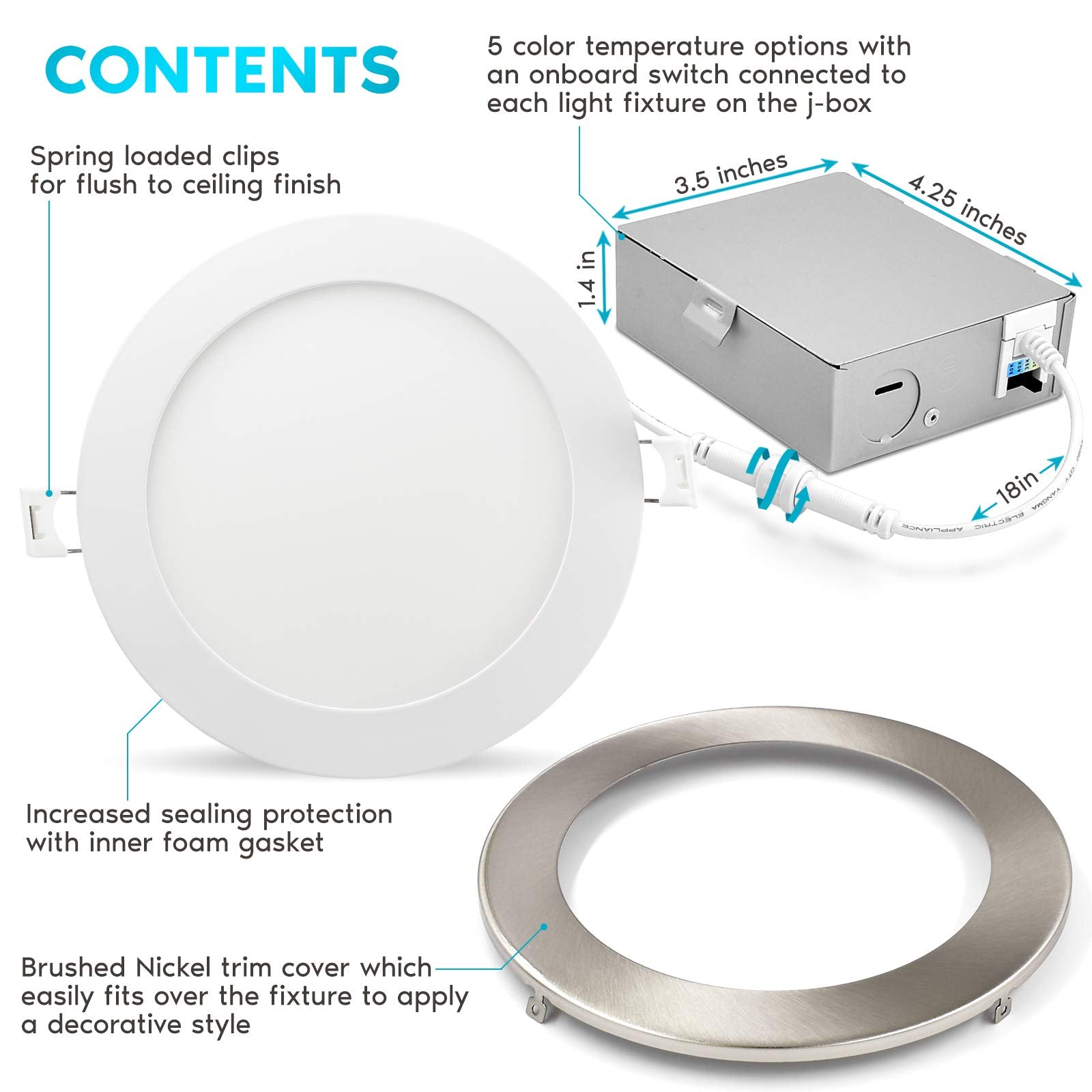 Luxrite 6 Inch Ultra Thin Led Recessed Light With J-Box, 12W, 5 Color Options 2700K | 3000K | 3500K | 4000K | 5000K, Dimmable Wafer Light, 1000 Lumens, Brushed Nickel, Energy Star, Ic Rated