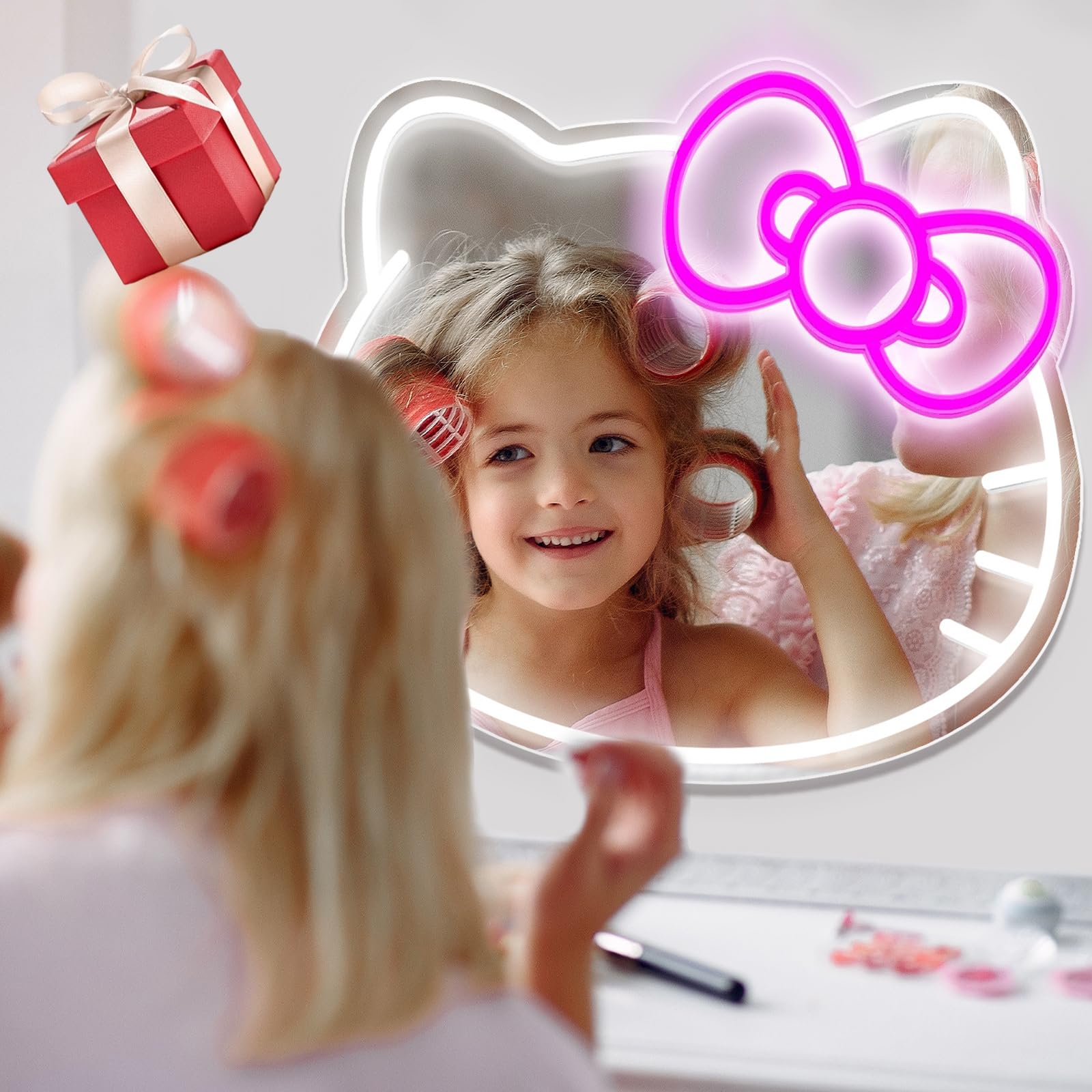 UIWEBABA Hello Kitty LED Vanity Mirror, 18.5"x15.1", 10 Level Dimmable, Pink & White, Model 20241206, Acrylic for Kids