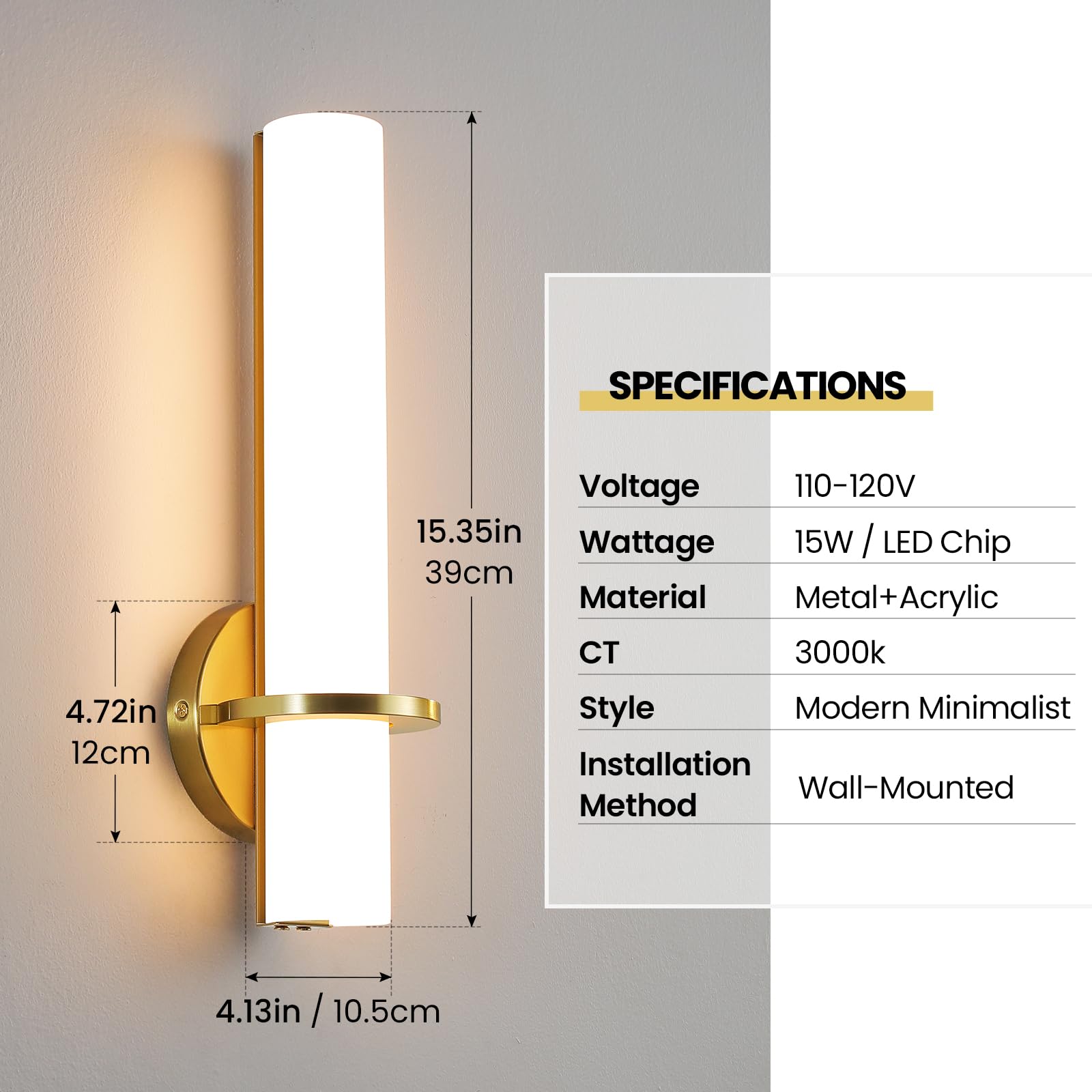 AIJIASI Gold Wall Sconces Set of Two, 15W Dimmable LED Bathroom Vanity Light, Acrylic Lampshade, Model 8001WL-14GD-US-2P