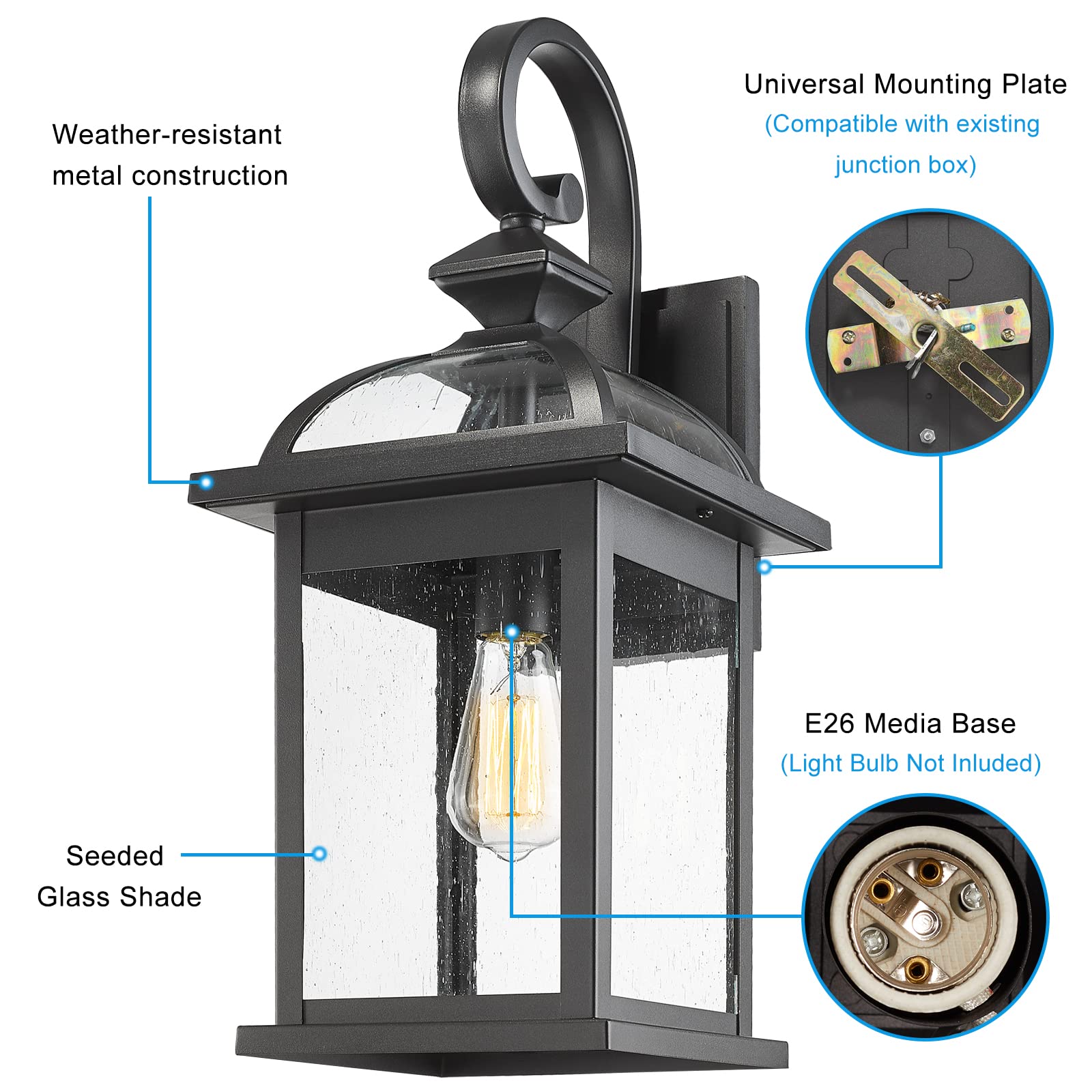 Darkaway Outdoor Wall Sconce Light, 22in Waterproof Fixture, Black with Seeded Glass, Model 6D5B-M BK