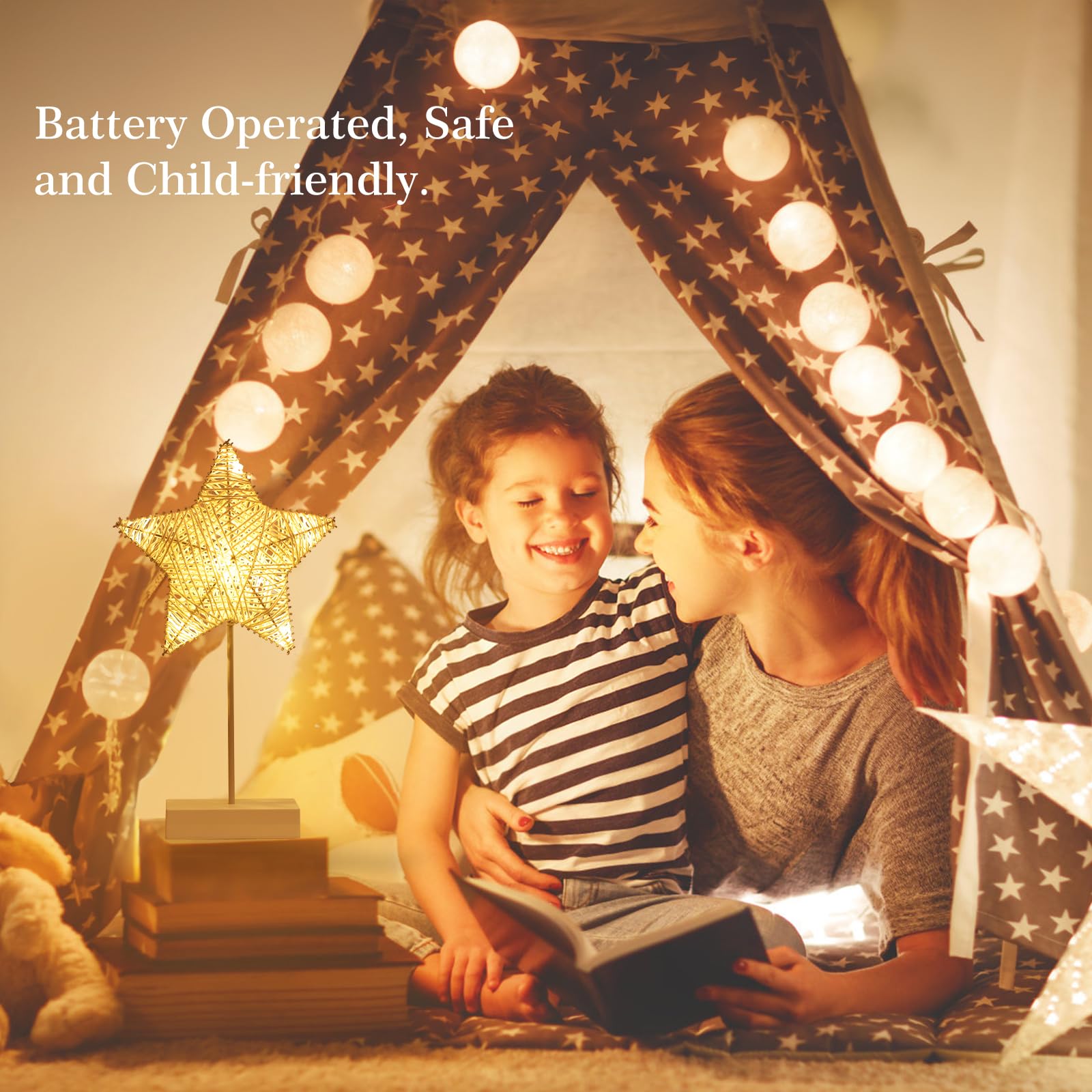 Lewondr Decorative Table Lamp, Battery Operated LED Light, White, Christmas Star Design, Model P651074405651