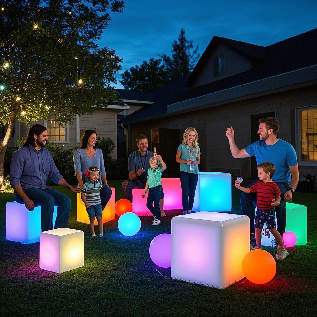 Mr.Go LED Cube Chair Light - 16-inch Rechargeable Waterproof Color Changing Seat, 16 RGB Colors, Model CQ-C105, Polyethylene
