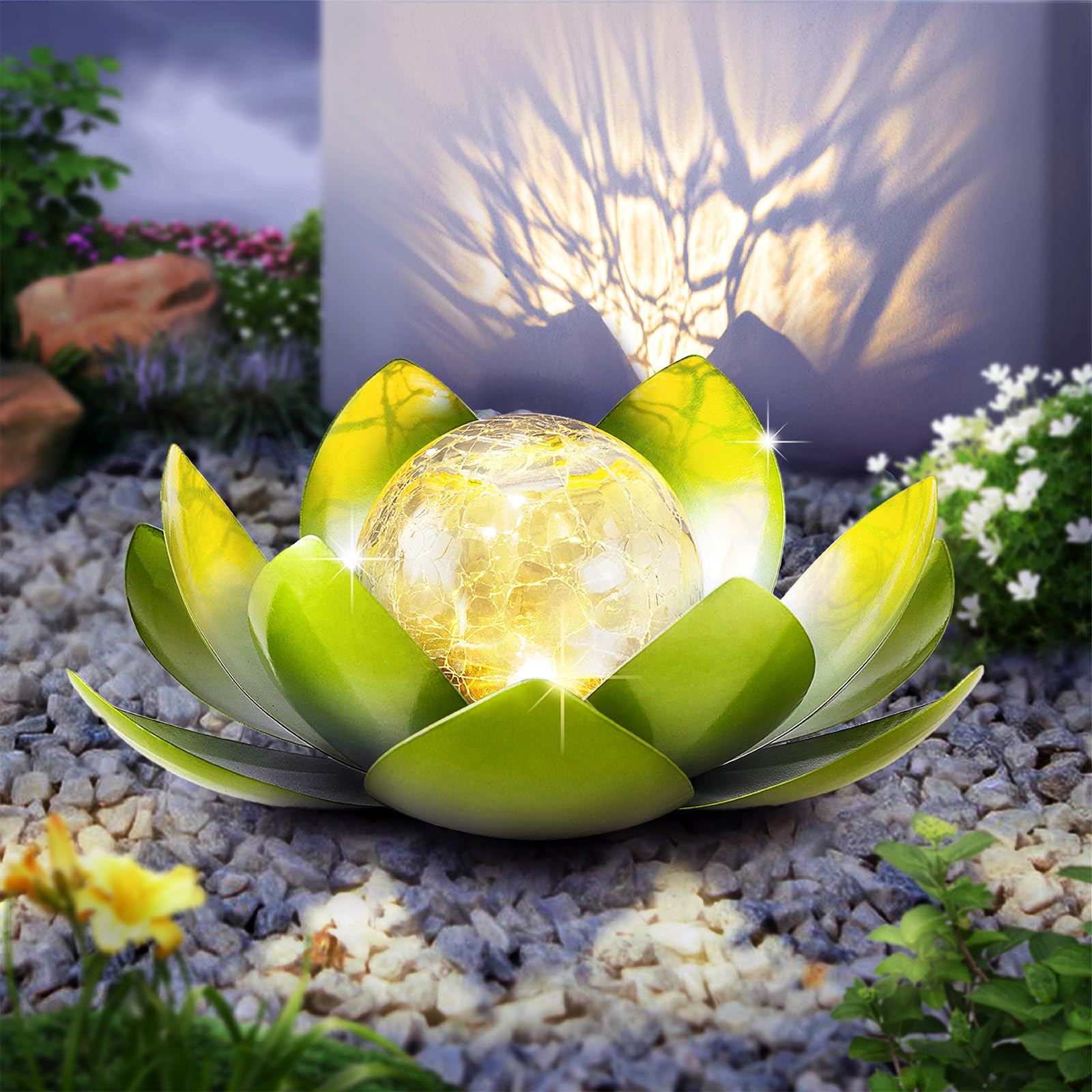Huaxu Solar Lights Outdoor Garden Decoration Crackle Globe Glass Waterproof LED Metal Green Lotus Flowers Gift for Mom,Women,Pat
