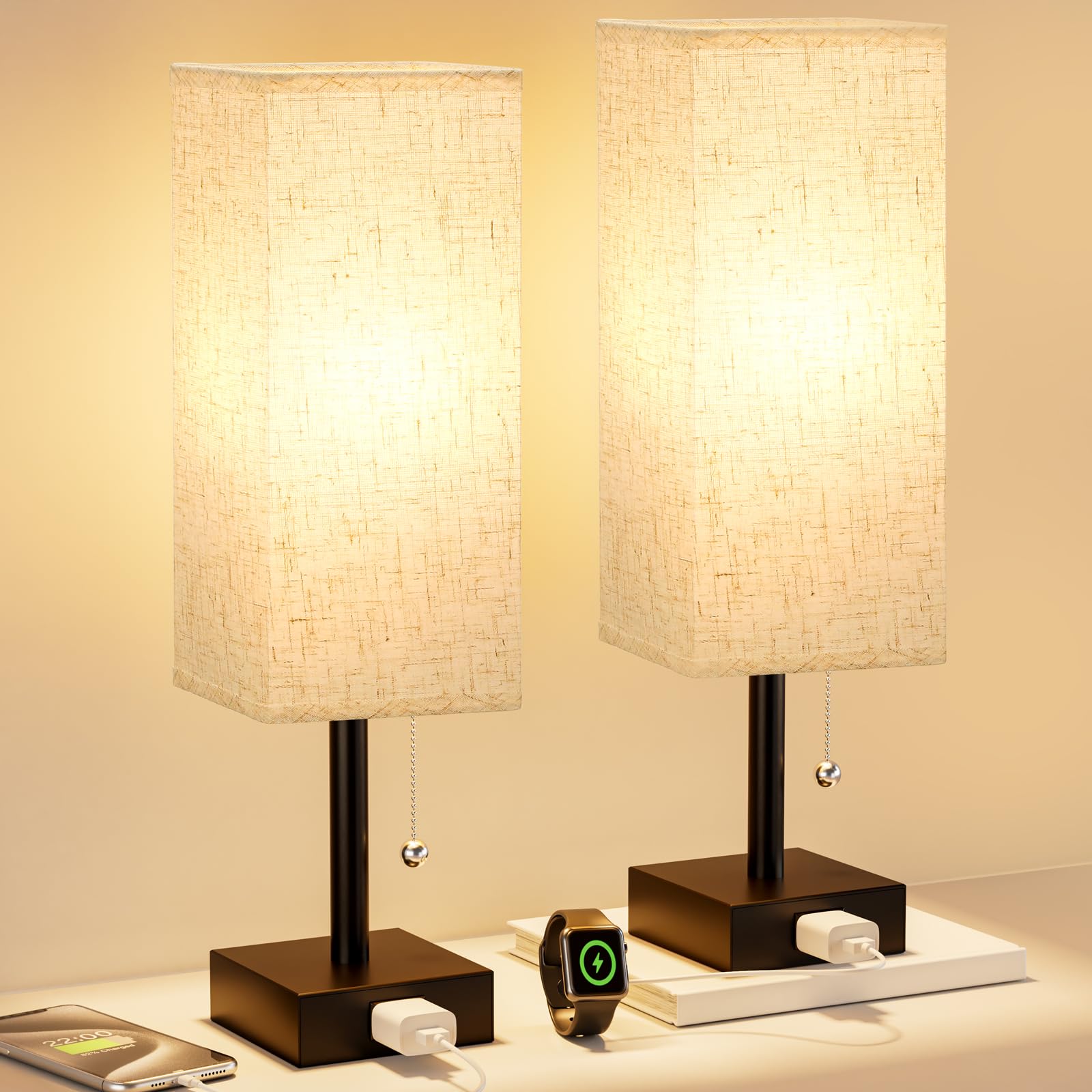Bedside Table Lamps for Bedroom Set of 2 - Small Rectangular Nightstand Lamp with AC Outlet Charging Port, 3 Color Temperatures 