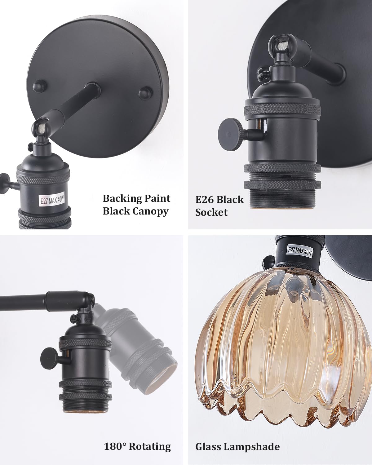 Shenmoyl Vintage Wall Sconce - Battery Operated, Amber Glass Lampshade, Remote Control, Black Base, Model 1-93316, 1 Pack