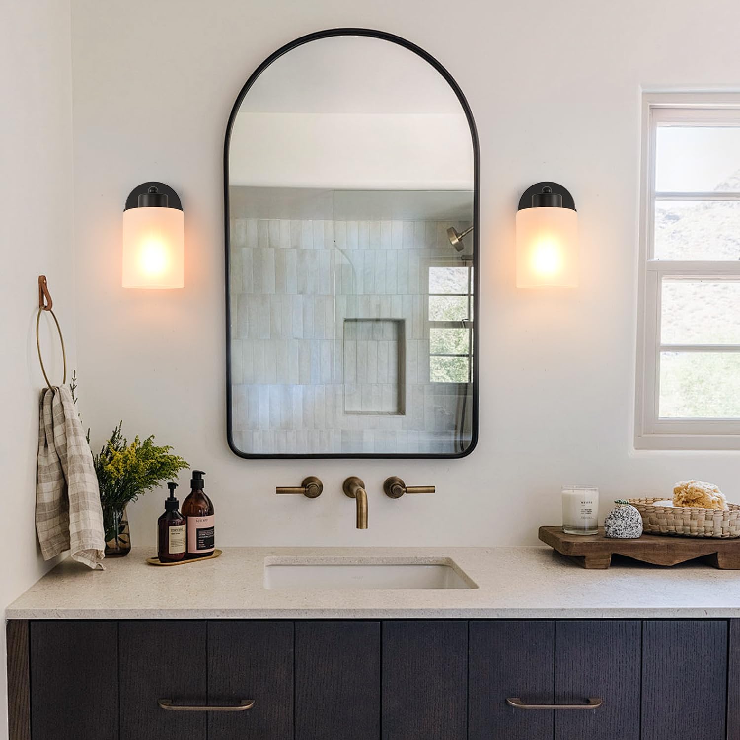 KENMI Metal Wall Sconces, 2 Pack, Matte Black, Clear Glass Shade, Model W12W