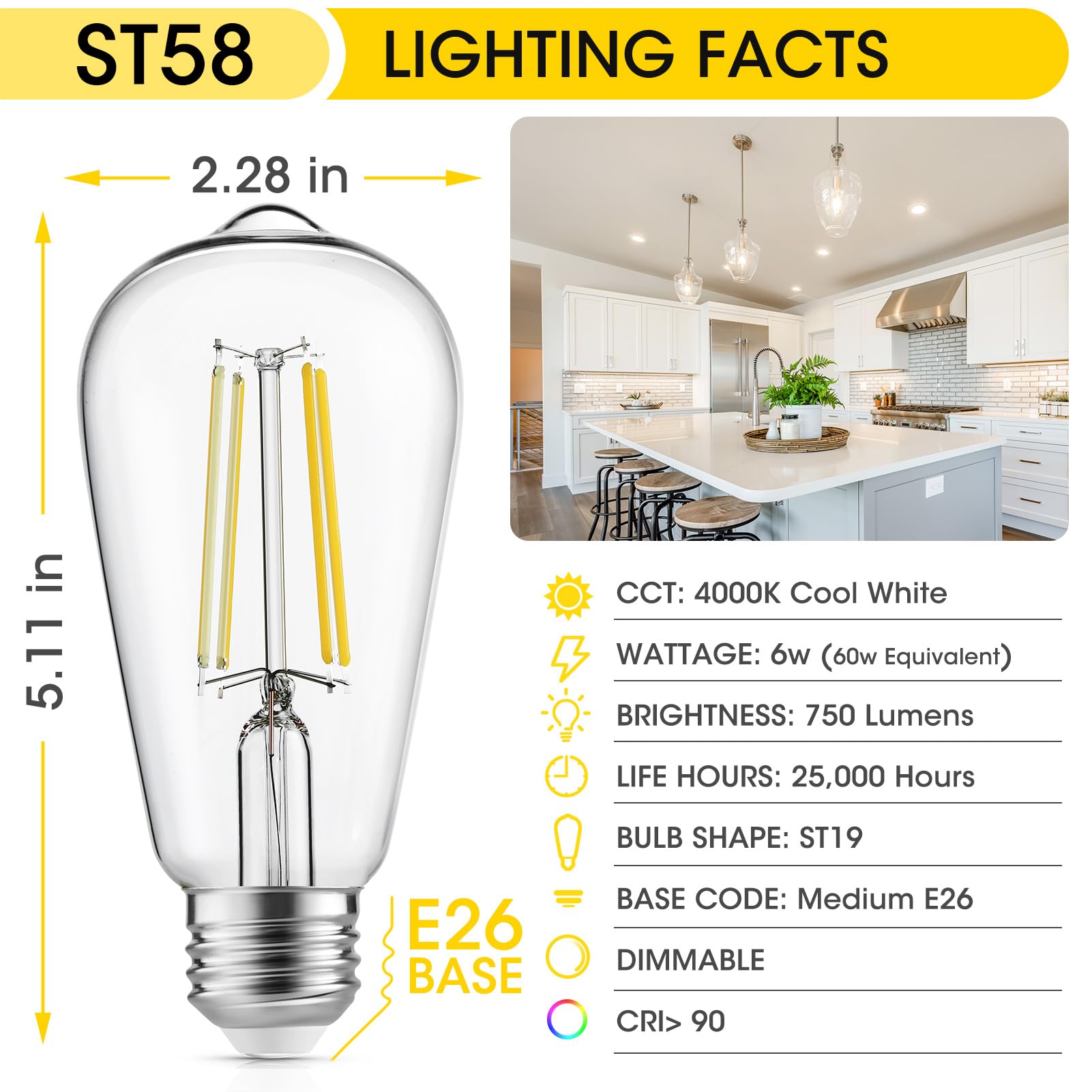 Gozelux Vintage Led Edison Bulbs, 6W, Equivalent 60W, High Brightness Cool White 4000K, St58 Antique Led Filament Bulbs With 90+