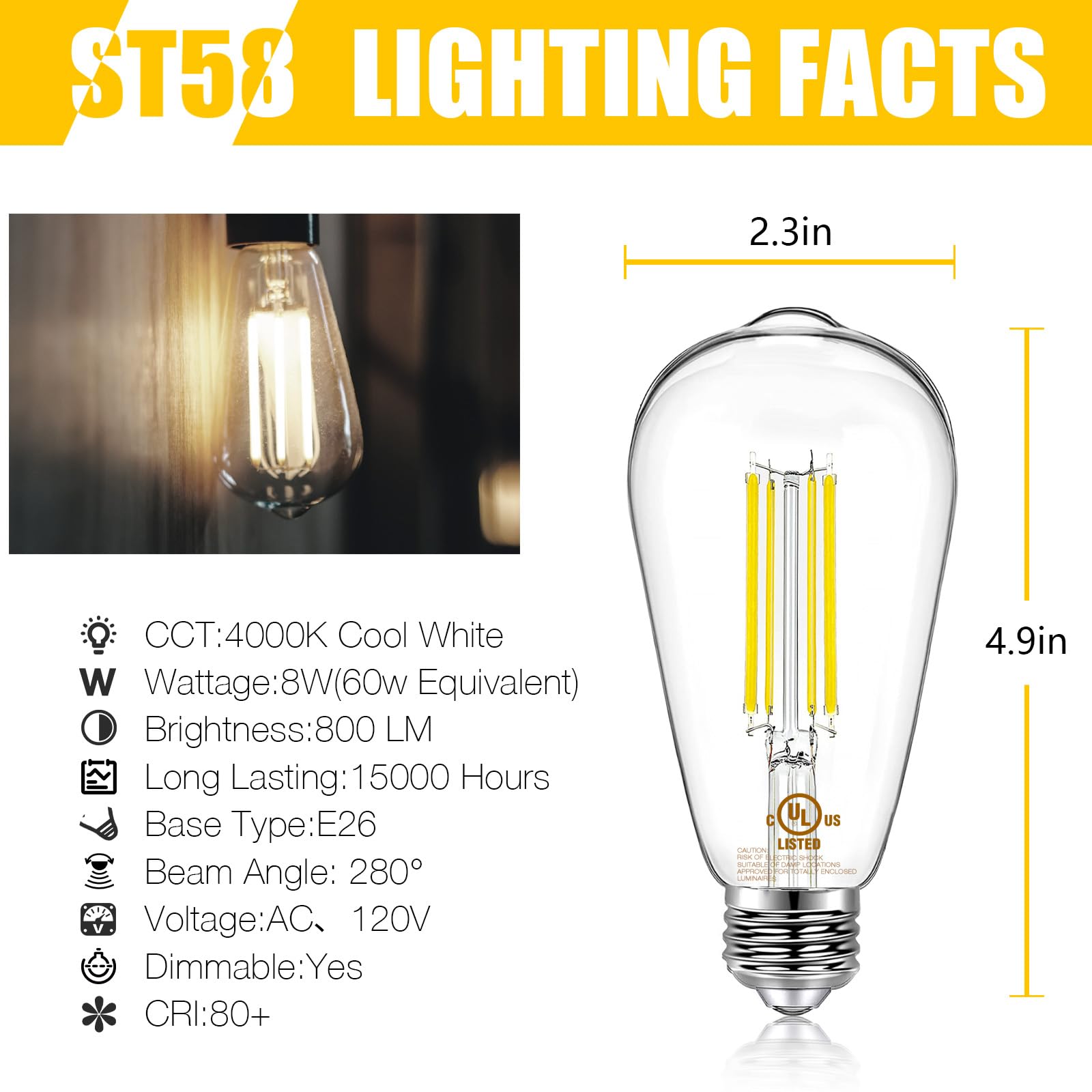 Daybetter 10 Pack Led Lights, Vintage Led Edison Bulbs 60 Watt Equivalent, St58 Antique Filament Light Bulbs, E26 Dimmable Bulb