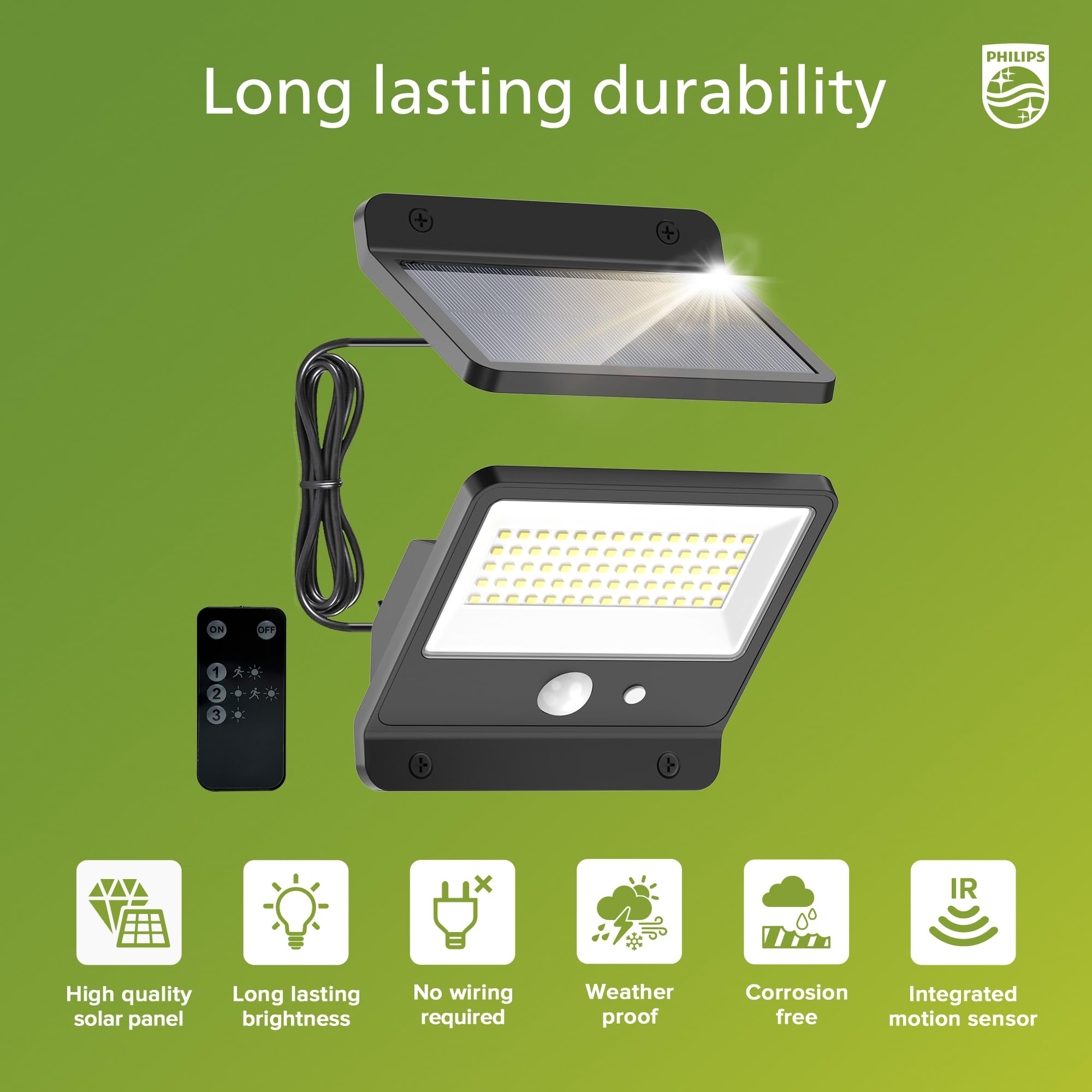 Philips Solar Security Light LED 6500K, Outdoor Flood Light, PIR Motion Sensor, Remote Control, IP65 Waterproof, Black, Model 6918002330