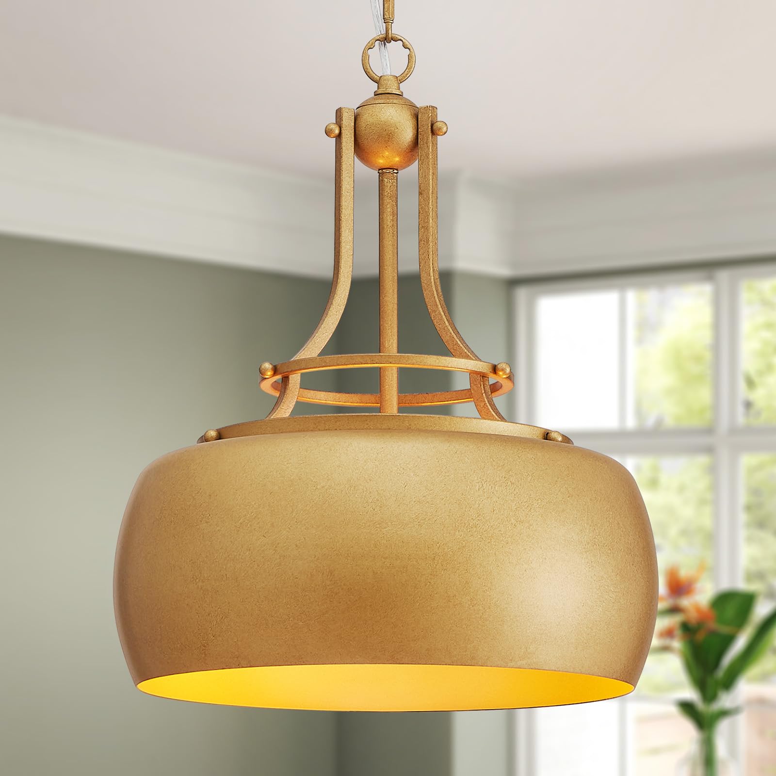 WUZUPS Rustic Farmhouse Industrial Pendant Light Fixture, Antique Gold, 15.7in H x 13.4in W, Model USHD9607-3-M-A