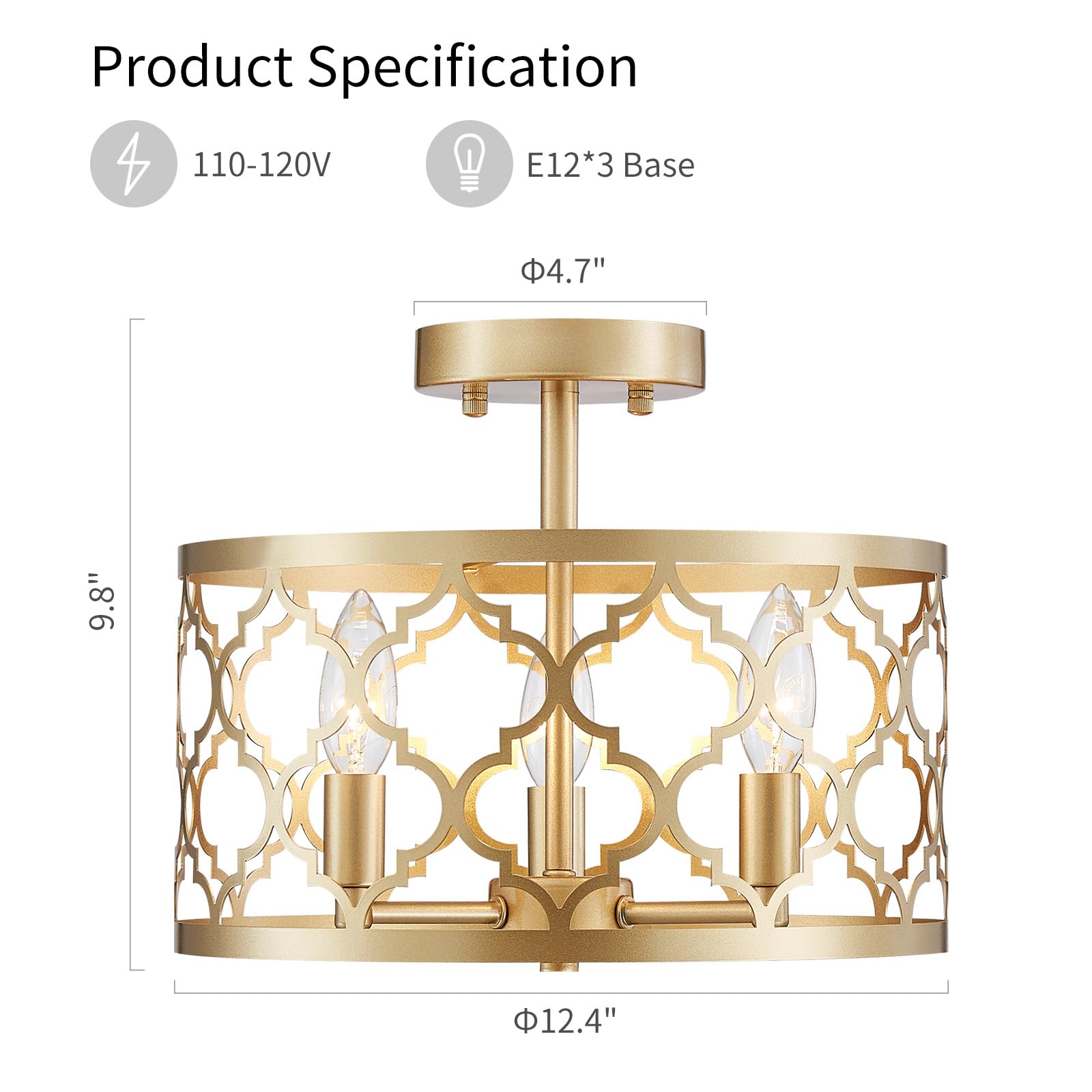 WUZUPS 3-Light Vintage Farmhouse Chandelier Semi-Flush Mount Ceiling Light, Gold, H 9.8" x W 12.4", E12 Base, Model USHD900